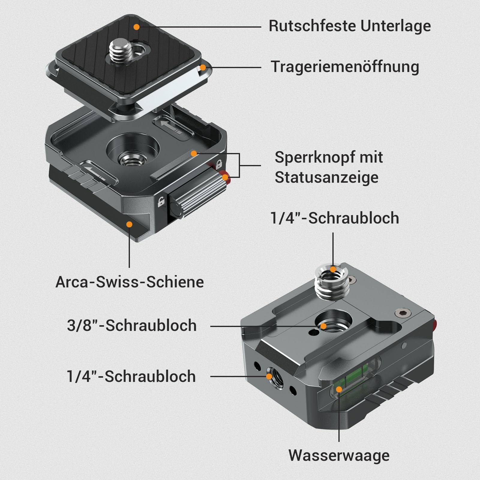 Kamera Schnellwechselplatten Kit – Arca Swiss Kompatible Aluminium Quick Release Plate mit Doppelsicherung & Auto-Lock Schnellverschluss – QR Klemme für DSLR, Stativ & Videokamera