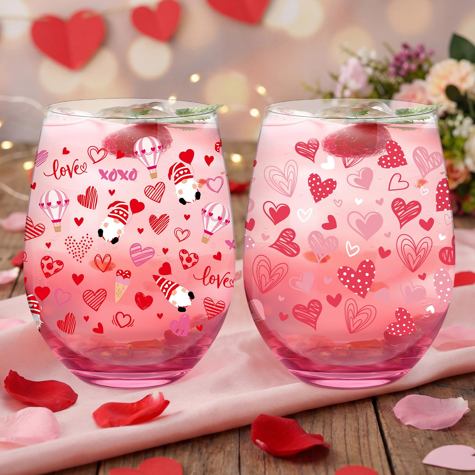 LemonRoad 2 Pcs Valentine's Day Stemless Wine Glasses Valentine's Day 18 oz Heart Drinking Glasses Love Tumbler Cups Romantic Valentines Party Gift for Wedding Party Event Supplies