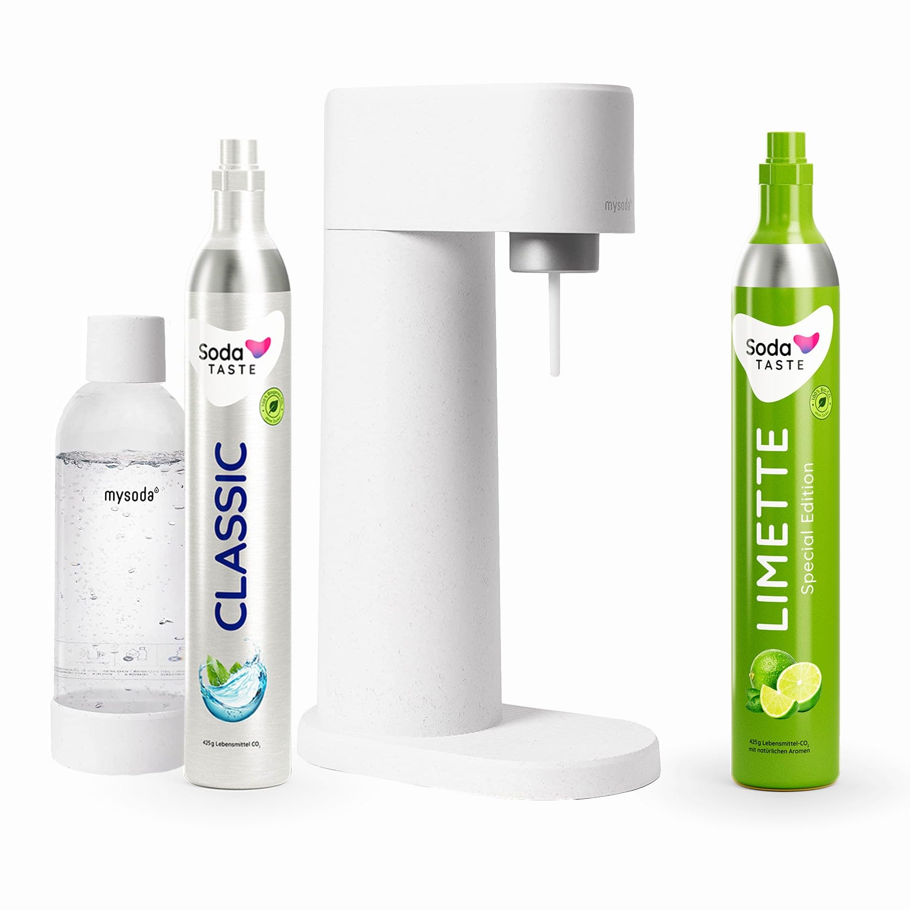 SodaTASTE Paquete ahorro: Mysoda Woody – Aireador de agua de compuesto de madera renovable con botella de plástico sin BPA, cilindro de CO2 Classic + cilindro de CO2 de lima (blanco)