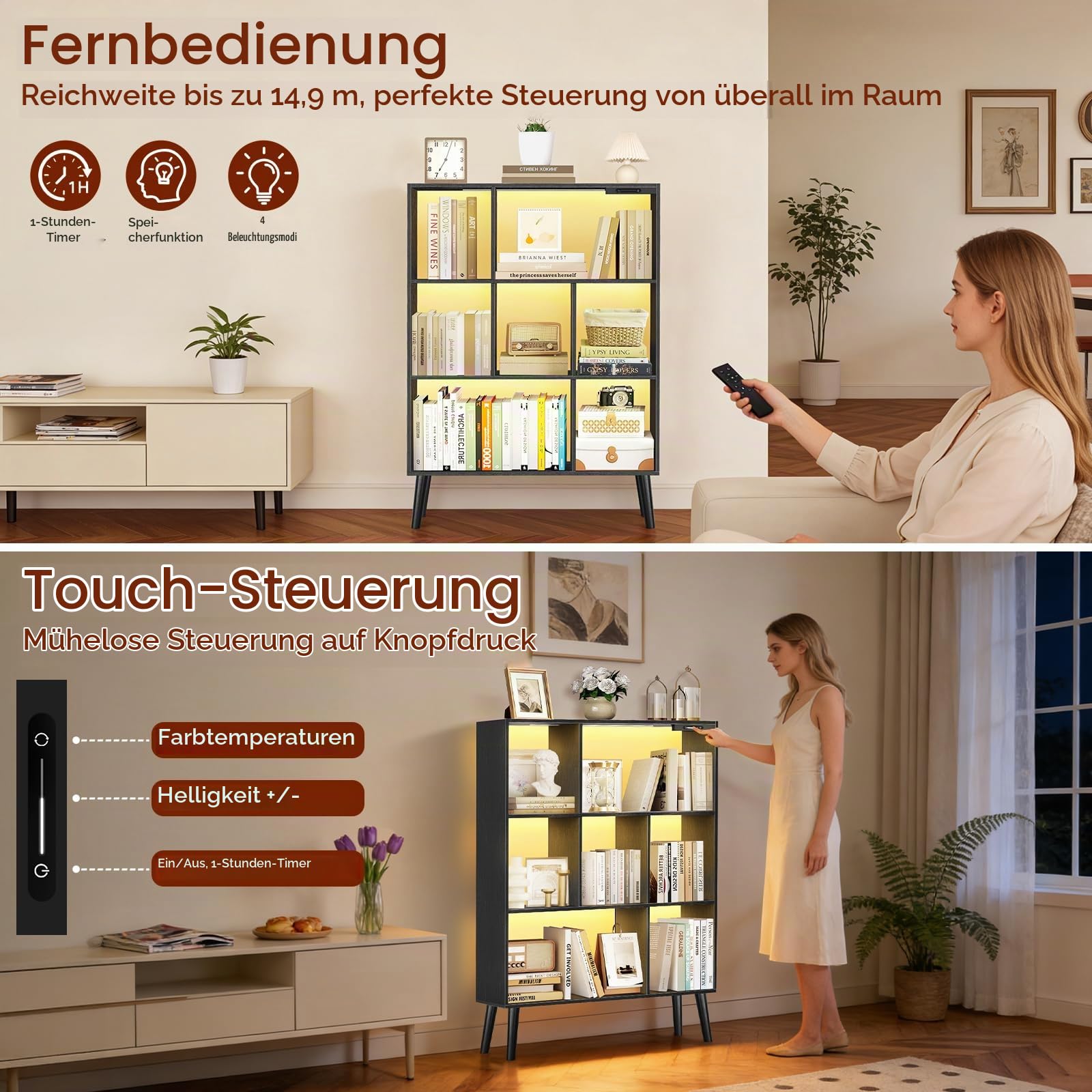 7-Würfel Bücherregal mit LED, Dimmbar, Touch & Fernbedienung, Freistehendes Holzregal, Offenes Aufbewahrungsregal, Display Regal für Wohnzimmer, Schlafzimmer, Büro