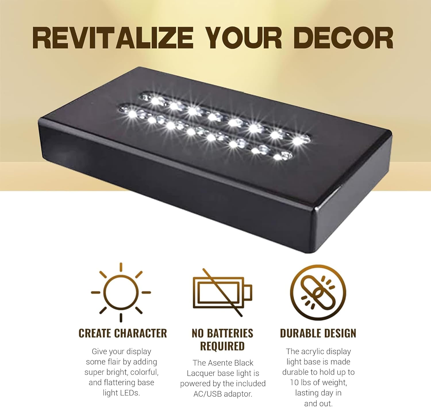 16 LED White Light Base for Glass Art - Illuminated Display Base for Crystal, Glass Art, and Crystal Cube Base - Rectangular Satin Matte Black - AC/USB Adapter Powered - 6.5"x 3.5"x 1" (Black)