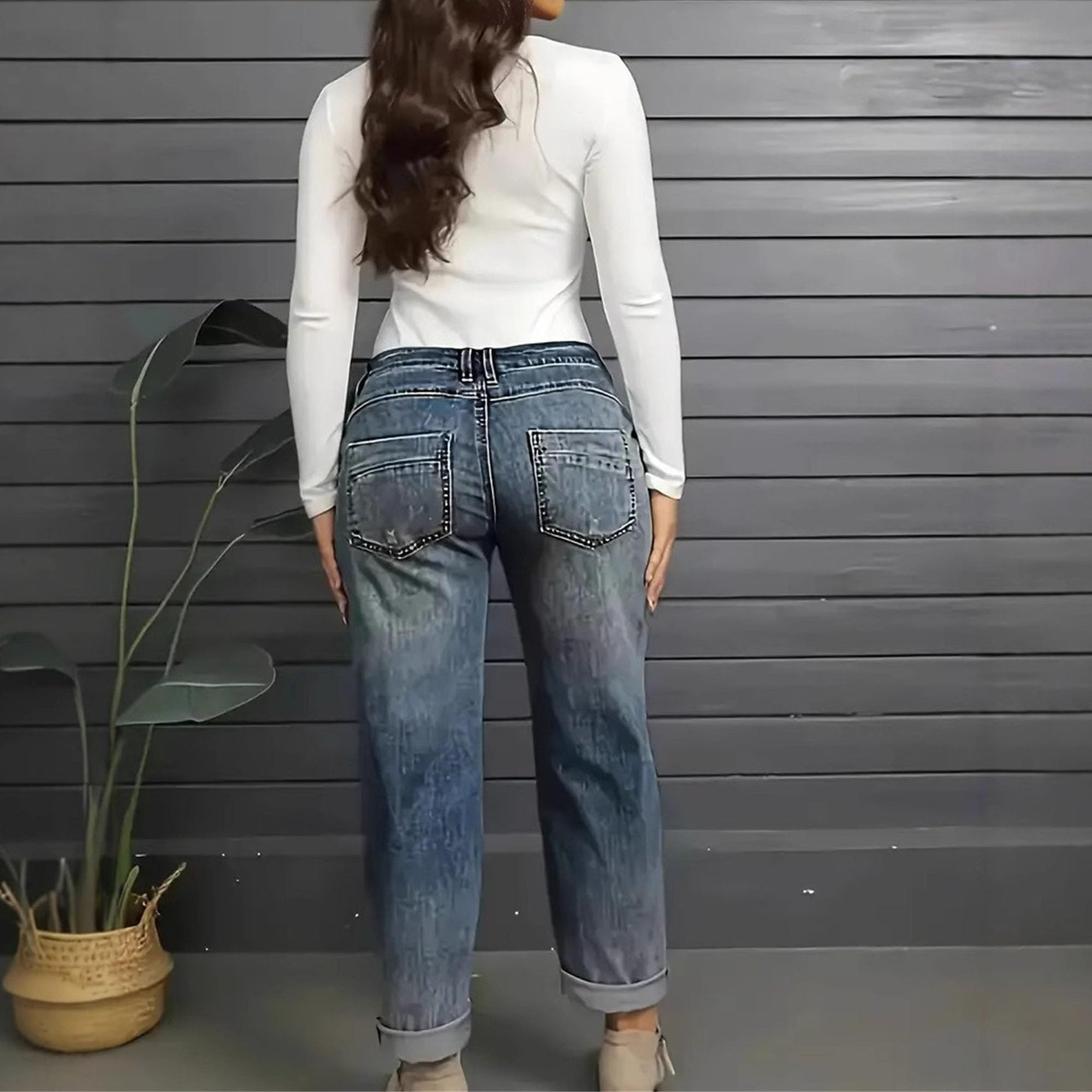 JEShifangjiusu Jeans da donna elasticizzati a gamba dritta casual a vita media con bottoni a punto mosca dettaglio anni '90 jeans denim lavaggio alla moda