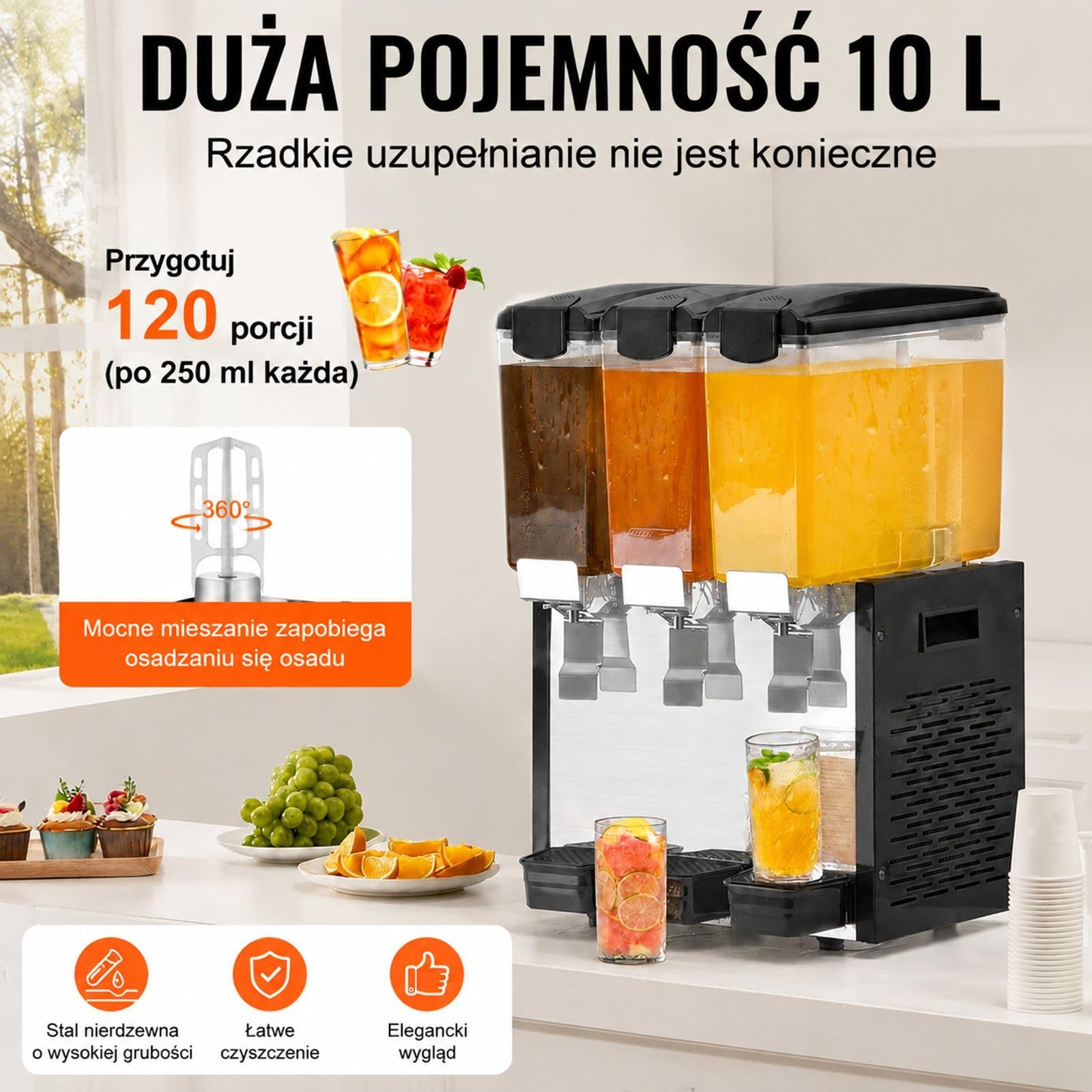 Komercyjny dozownik napojów z 3 zbiornikami, 3 x 10 l, stal nierdzewna, 440 W, do soków, lemoniady, herbaty mrożonej, restauracji, baru, bufetu, cateringu