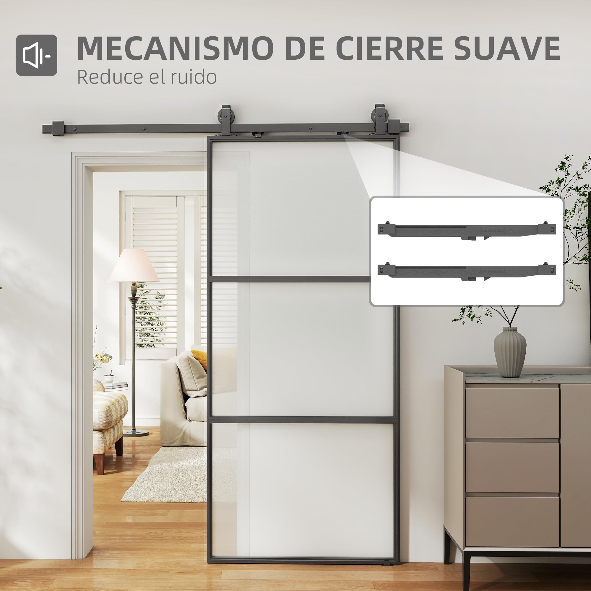 HOMCOM Puerta Corredera con Herrajes 91,4x203,2 cm Puerta Corredera de Cristal con Mecanismo Cierre Suave para Baño Salón Sala de Estar Cocina Negro
