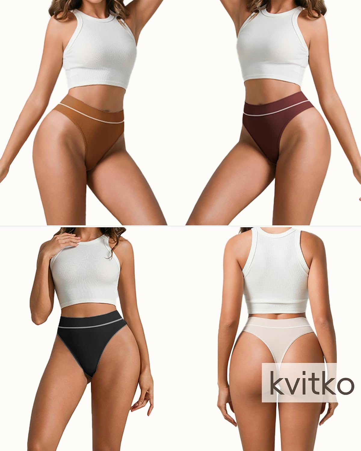 High Waisted Seamless Thongs for Women Nylon Cotton Blend Sexy Invisible Panties Underwear 5 Pack