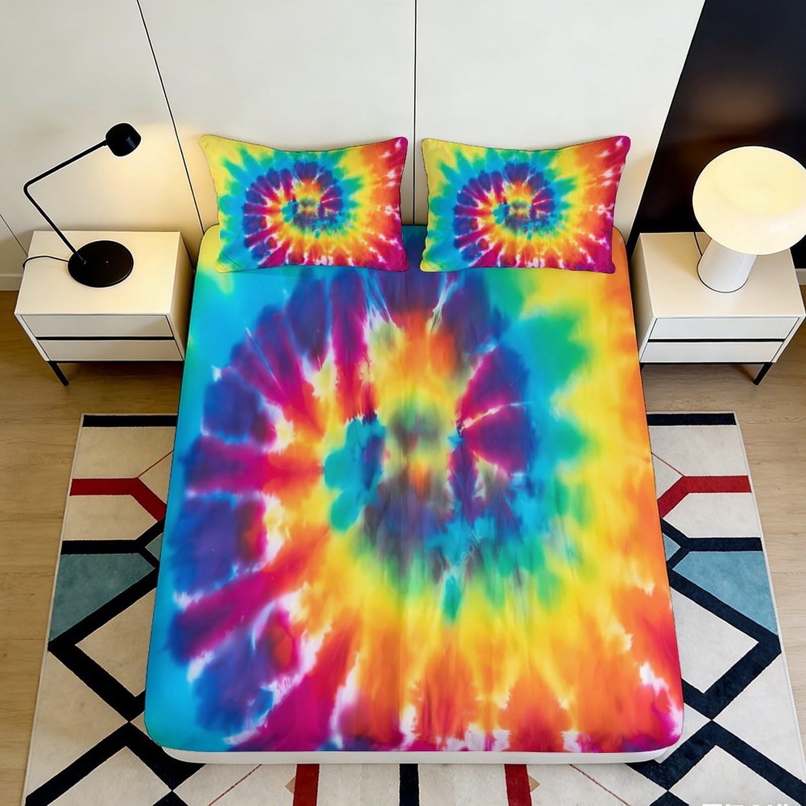3D Printed Tie Dye Spiral Fitted Sheet Microfiber Vibrant Rainbow Swirl Bed Cover for Bedroom Dorm Mattress Protection Decor 90x200x25cm