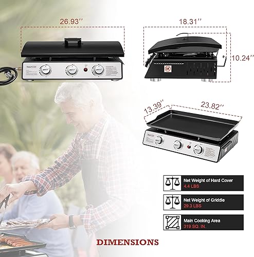Miniatura 4 de Royal Gourmet PD2301S - Plancha de gas propano de 3 quemadores con tapa dura, plancha portátil de 24 pulgadas para cocinar al aire libre mientras