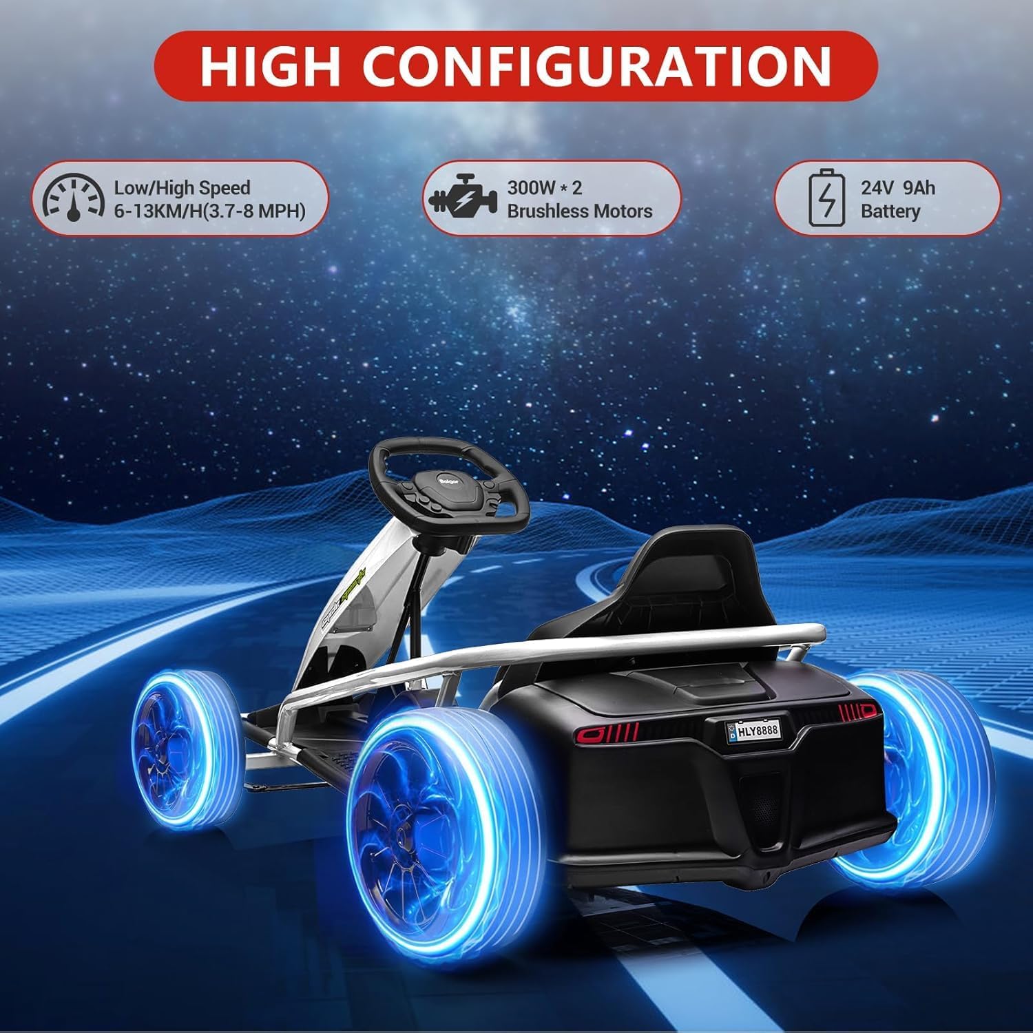 Ride on Go Kart for Teens, 24v 9Ah Large Battery Dual 300w Extra Powerful Motors, 8MPH Fast Drifting Fun with Music & Horn, Max Load 175 Lbs, Outdoor Ride on Toy for Teens