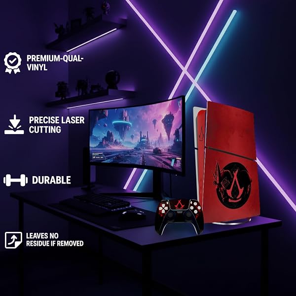MaD Vision Extra-Durable Skin Kit for PlayStation 5 (PS5) Digital | Set of Matte Vinyl Adhesive Films for the Console and 2 Controllers - for ACS|Assassin's Creed Shadows Design - 5