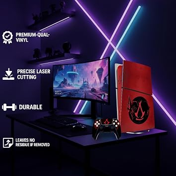 MaD Vision PS5 Digital Ultra Durable Vinyl Skin Set + 5 Pair Sight Rings | Anti-Scratch Sticker Kit for PlayStation 5 + 2 Controllers - Assassin's Creed Shadow Design