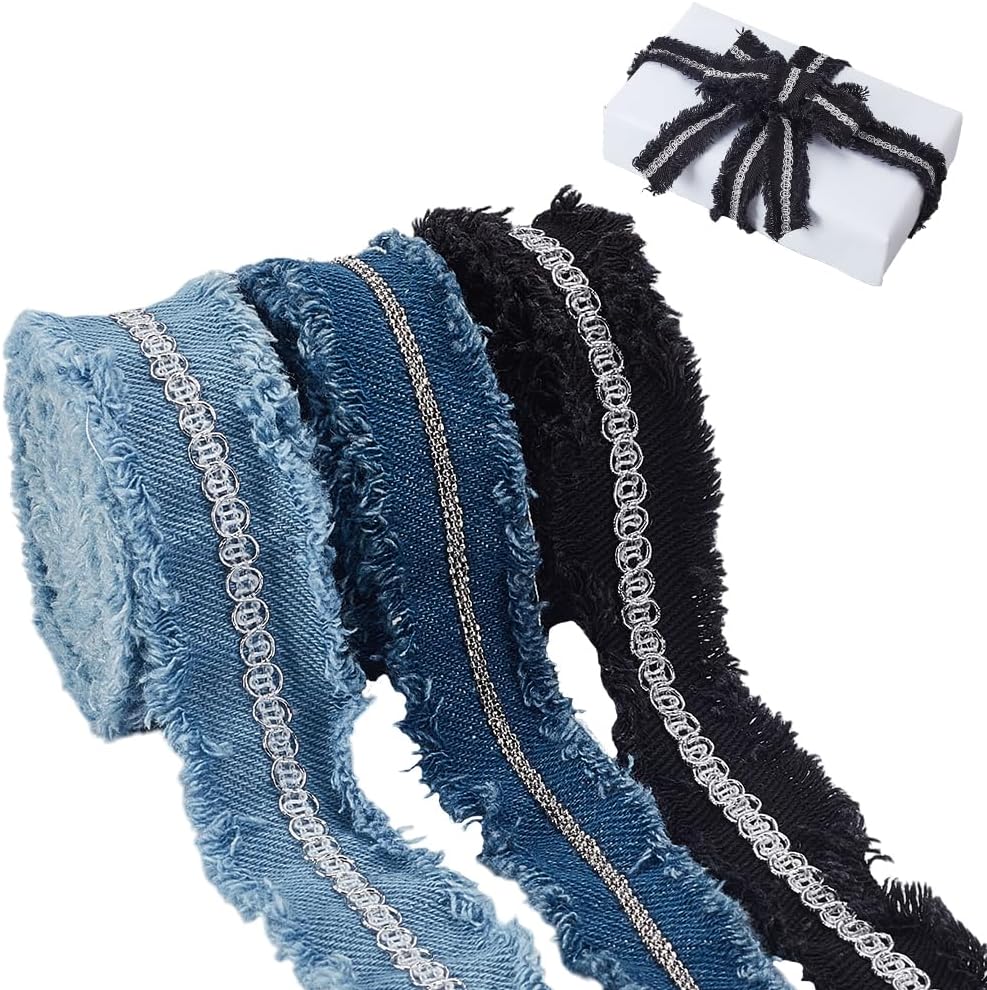 AHANDMAKER 6 Yards Denim Jean Ribbon 3 Colors Jean Fabric Ribbon 1-1/8 Inch Stitch Denim Cord Layering Cloth Fabric Jeans Bows Ribbons for Sewing Hair Gift Wrapping DIY Craft Apparel Accessories