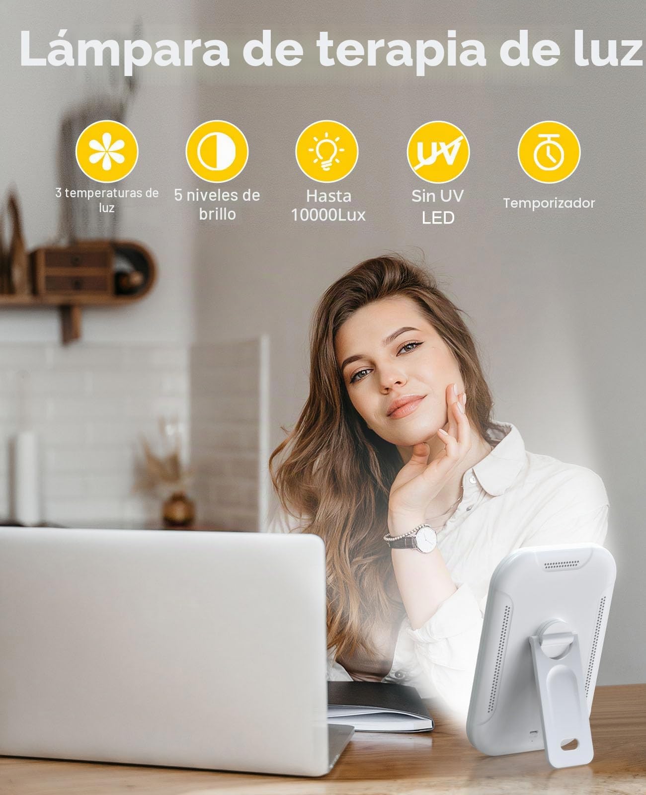 Lámpara de Luz Diurna 10000 Lux Con 4 Temporizadores y 5 Niveles de Brillo, Terapia de Luz Solar Con Soporte Plegable