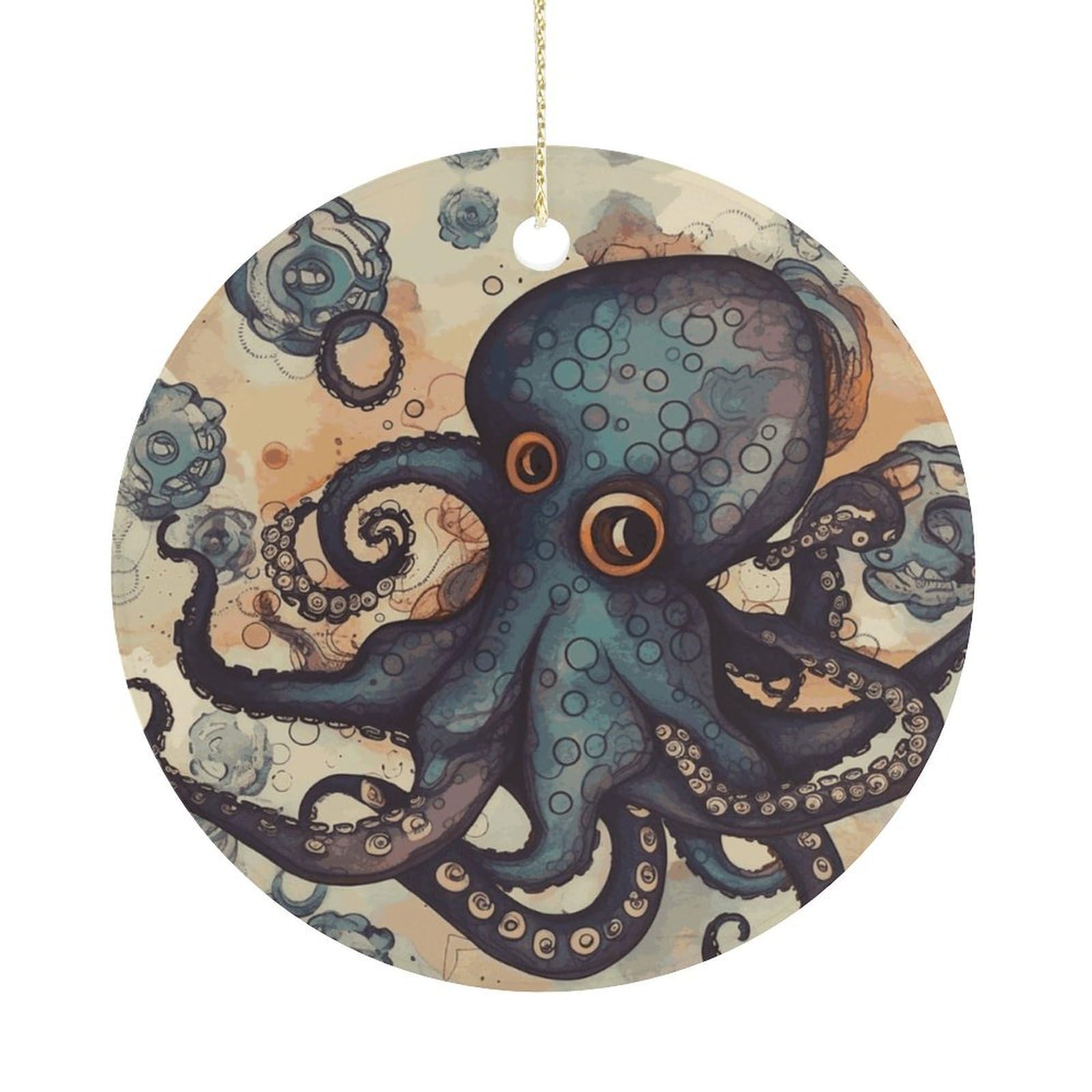 Retro Octopus Christmas Ornaments Colorful Round Ceramic Ornament Christmas Hanging Decor Christmas Tree Decorations Xmas Keepsake for Women Men Xmas Holiday Party