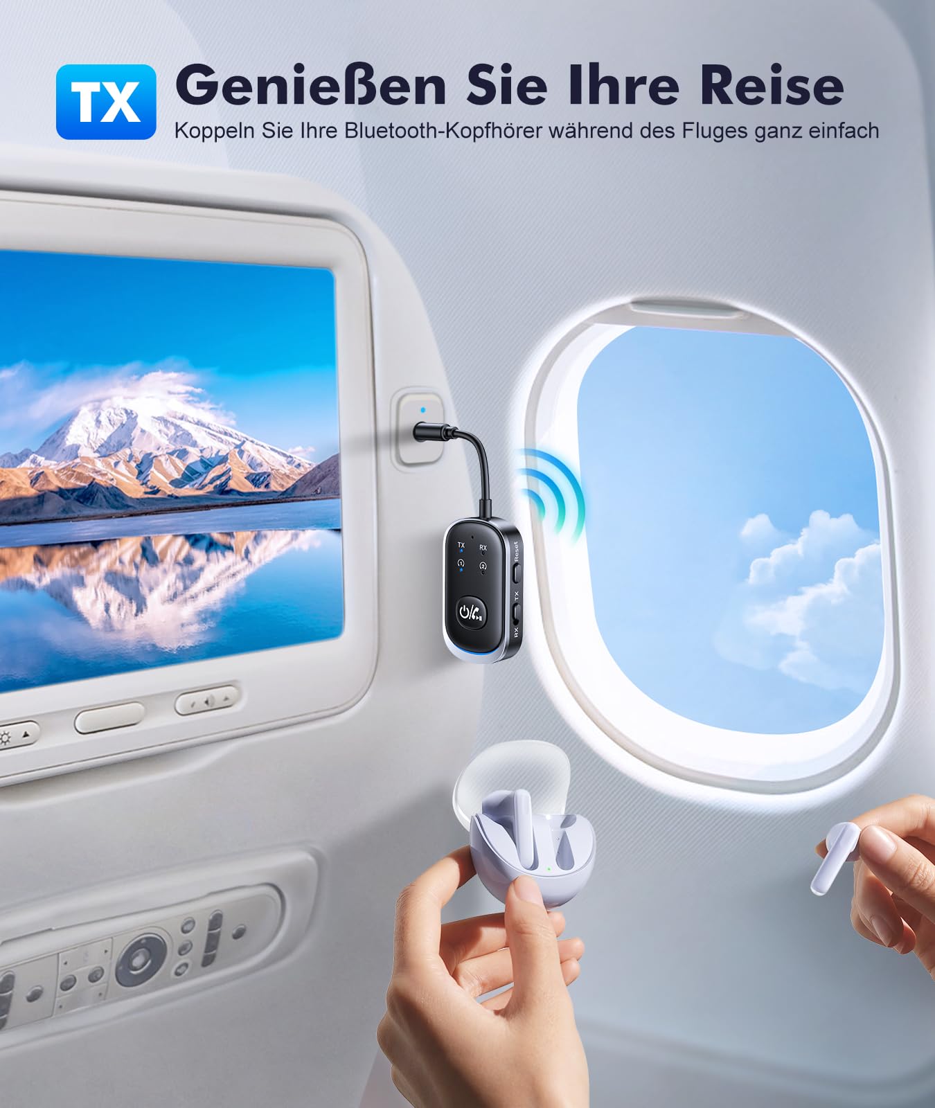 Mohard 2 in 1 Bluetooth Transmitter & Empfänger, AUX Bluetooth Adapter Klinke 3.5mm für Auto/TV/Stereoanlage, 5.3 Flugzeug Sender Splitter Patchkabel-Adapter für 2 Kopfhörer