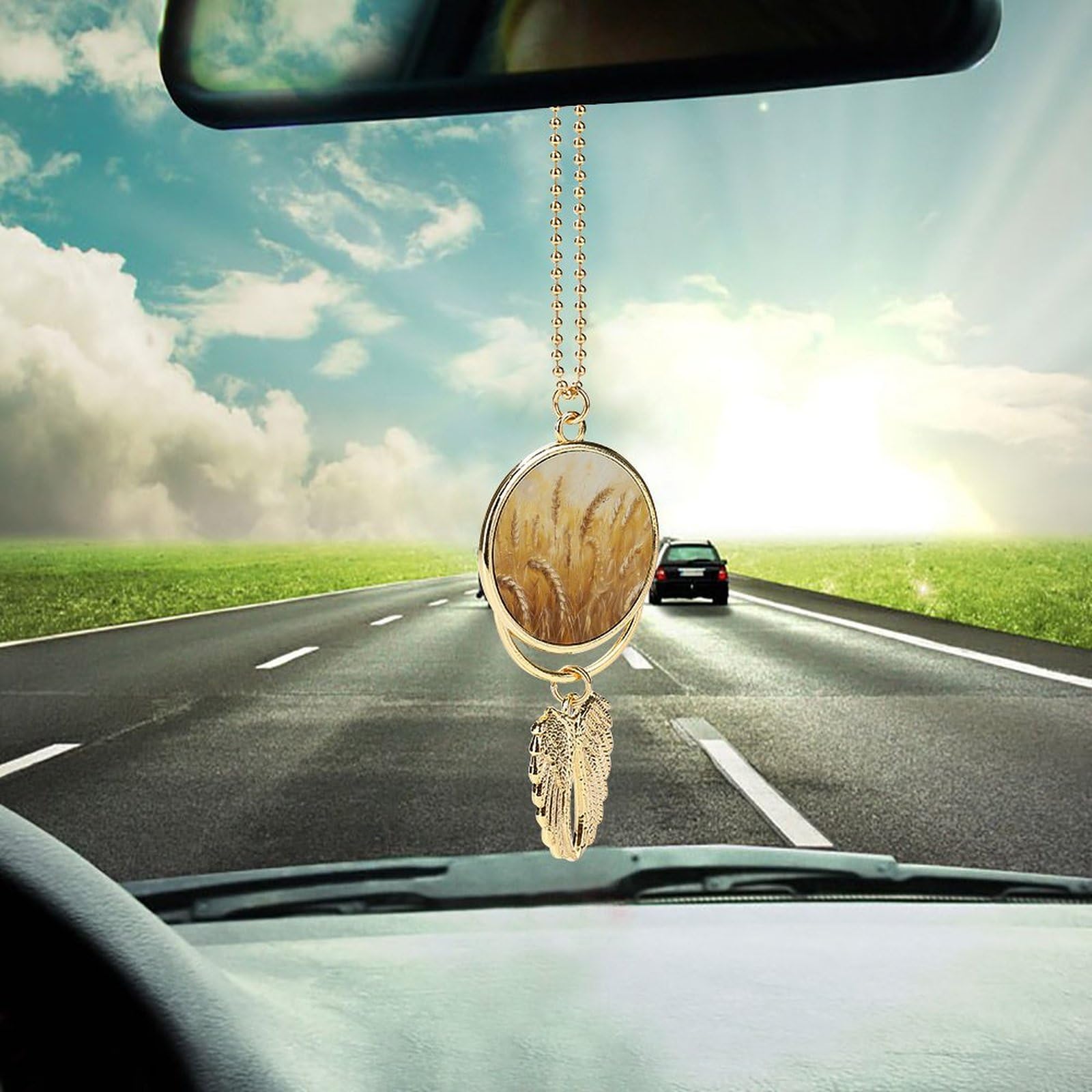 Metal Car Pendant Charms Golden Wheat Field Image Car Rear View Mirror Charms Angel Wing Auto Rearview Mirror Hanging Interior Ornament Pendant Car Accessories for Women Men Car Interior Decor