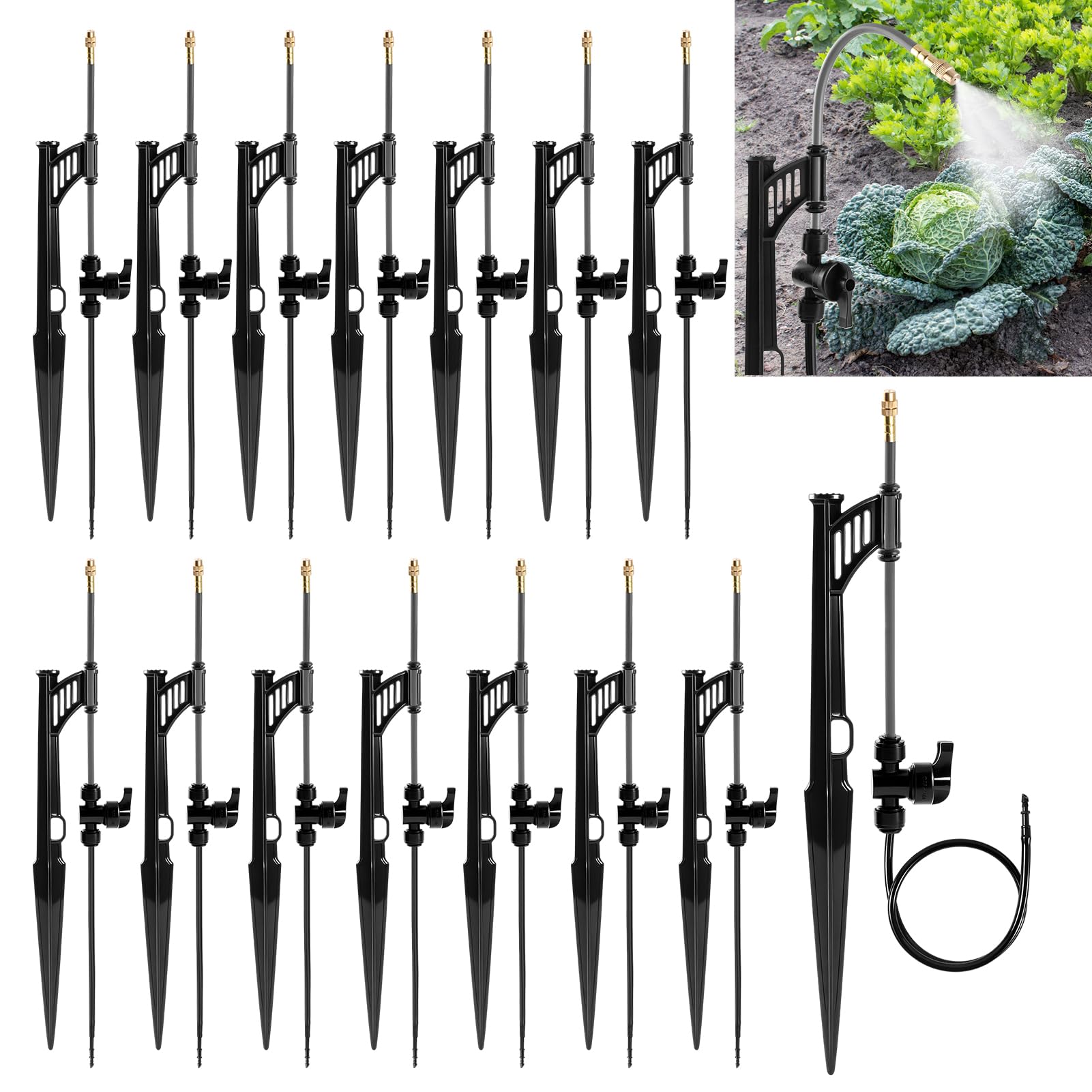 Photo 1 of 15 Sets 360° Adjustable Irrigation Misting Heads with Stake Micro Spray Emitters with 1/4" Irrigation Tubing on Riser Stake,Automatic Atomizing Sprinkler Stake Assembly for Garden Watering System