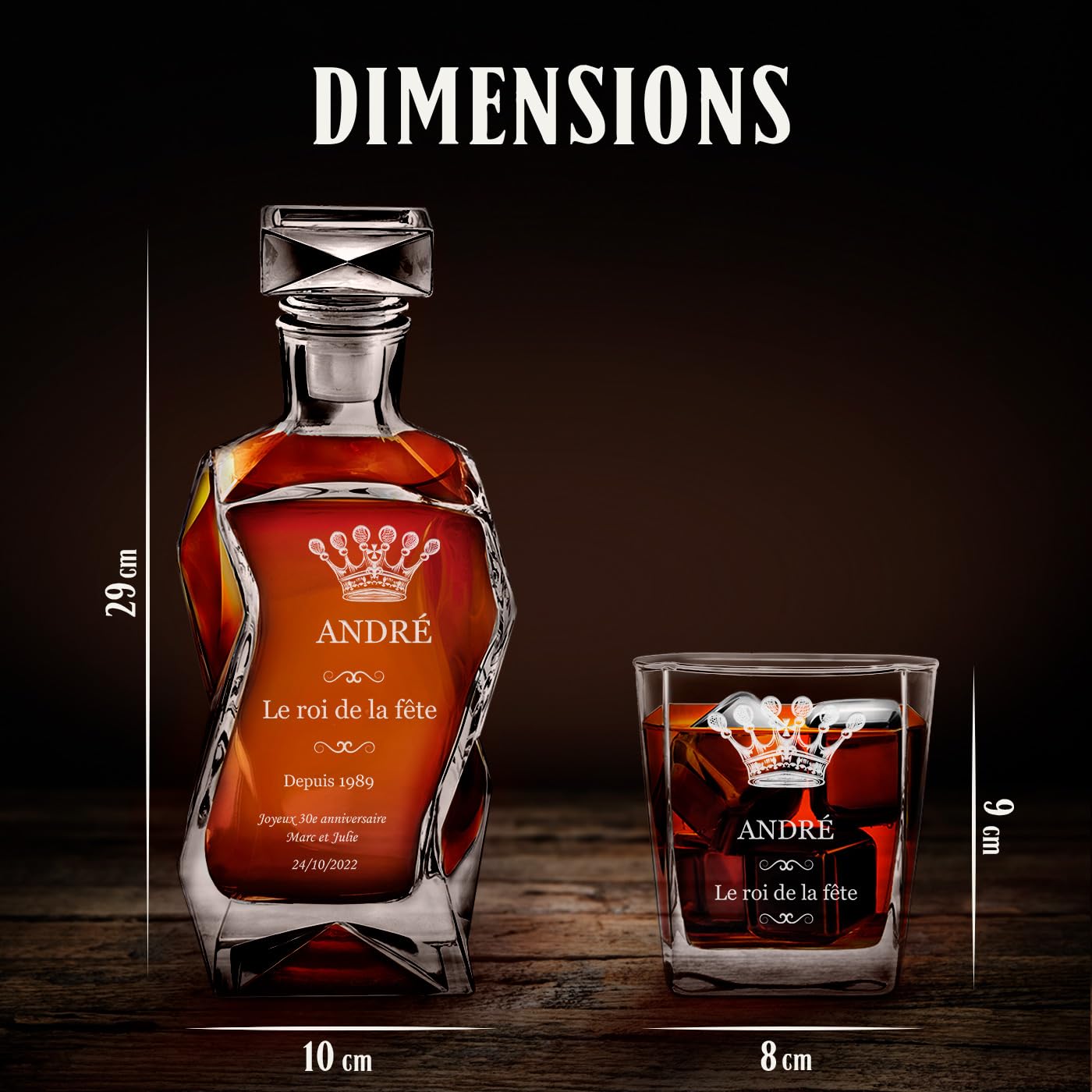 Maverton Décanteur gravé avec 2/4 / 6 verres à Whisky, Ensemble de Carafe avec verres, Whiskey Decanter, Cadeau pour chaque homme - avec personnalisation - Roi