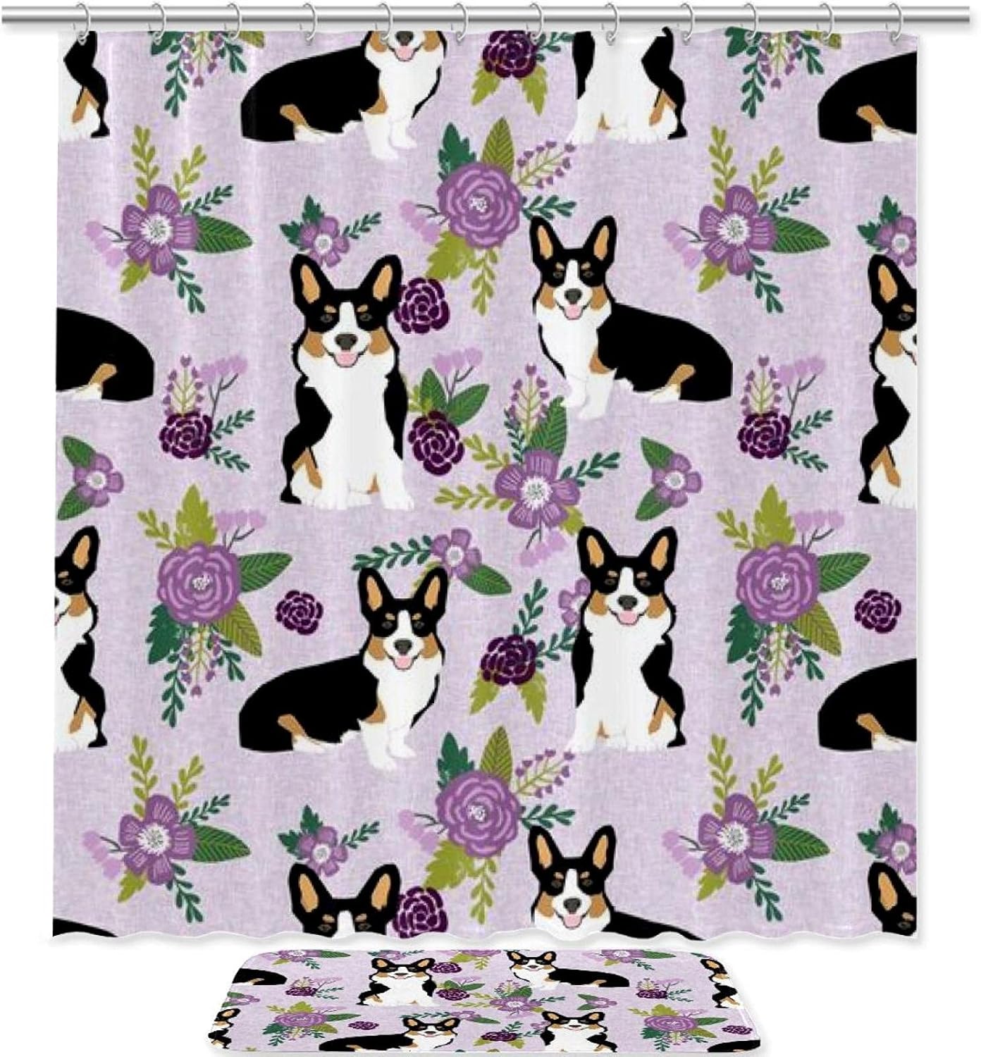 KXO Corgi Purple Flowers Pattern Animal, Waterproof Shower Curtain and Mat Set Polyester Bathroom Curtain and Rug Set with Hooks 70.8"x70.8"