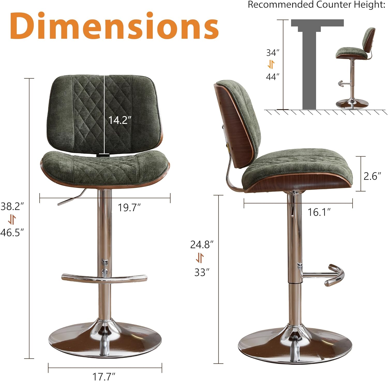 DRMBOOK Modern Bar Stools, Adjustable Swivel Counter Height Barstools with Backs and Footrest, Extra Tall & High Armless Bar Chairs for Kitchen Island (Chenille Fabric Green, Set of 2)