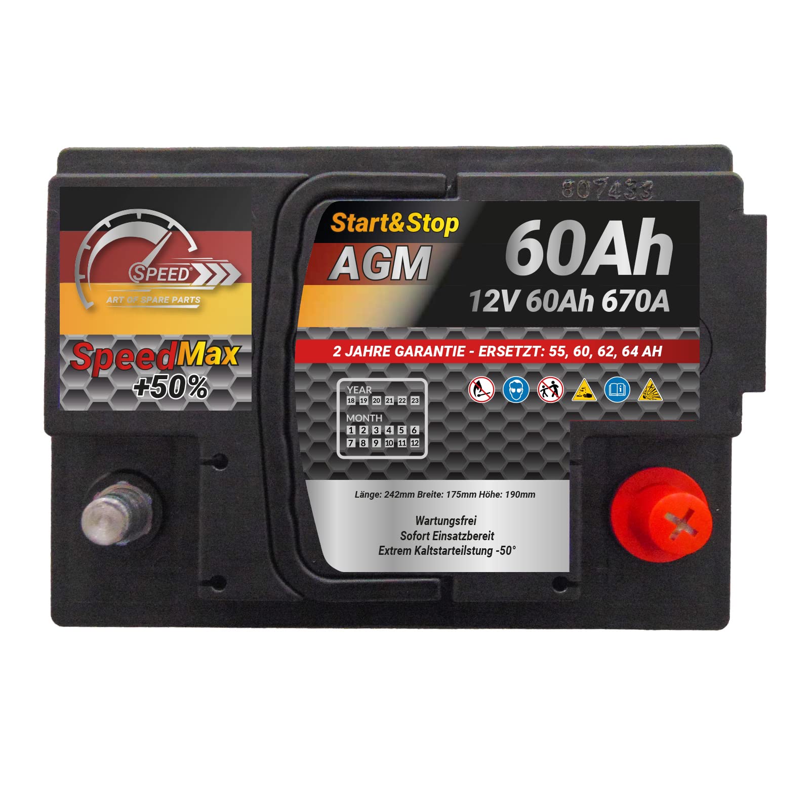 Batteria per auto Speed Max 60 Ah Tecnologia AGM 670A, adatto per veicoli con sistema Start Stop | adatto per veicoli con sistema Start Stop