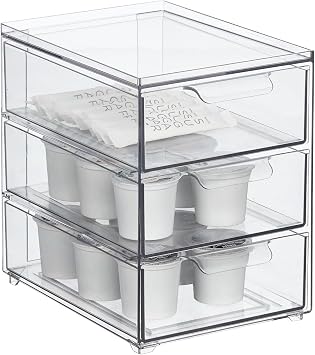 mDesign Plastic Stackable 3-Drawer Kitchen Storage Organizer - Bin with Divided Pull-Out Drawers for Pantry, Shelf, Fridge/Refrigerator, and Freezer Organization - Lumiere Collection - Clear
