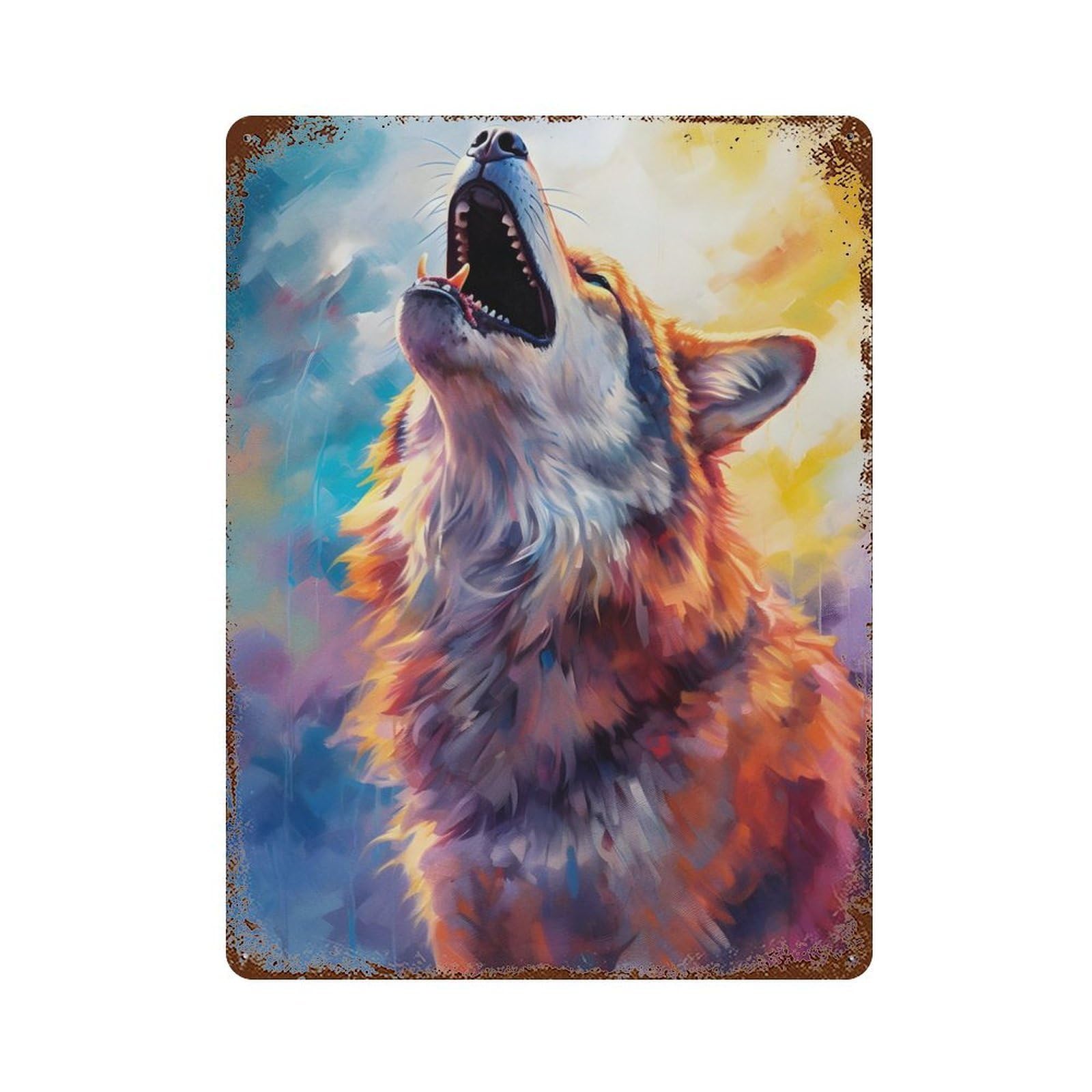 Distressed Metal Wall Sign Wolf Night 15.7"x11.8", Vintage Wall Decor for Garage, Bar And Workshop Decor