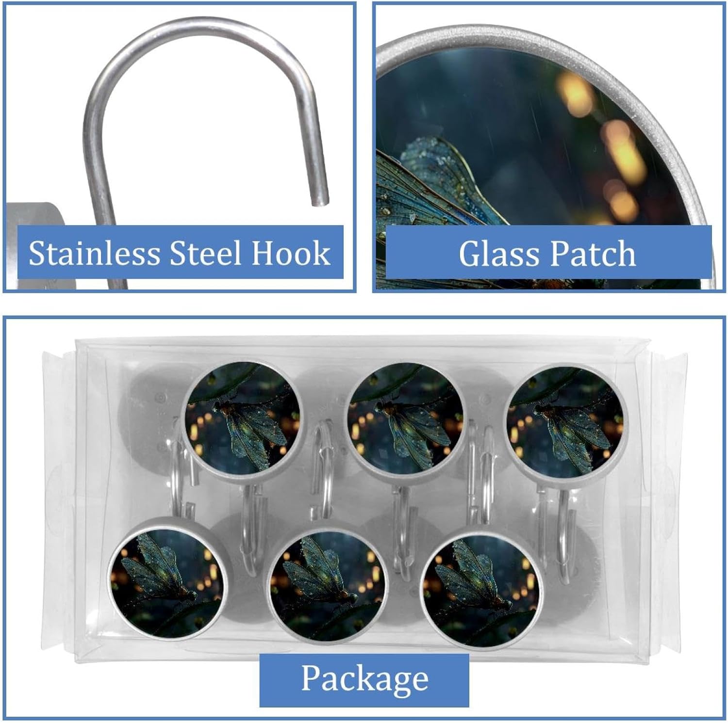 12PCS Fantasy Dragonfly Shower Curtain Hooks Metal Rust Resistant Decorative Shower Curtain Hooks Bathroom Decorations