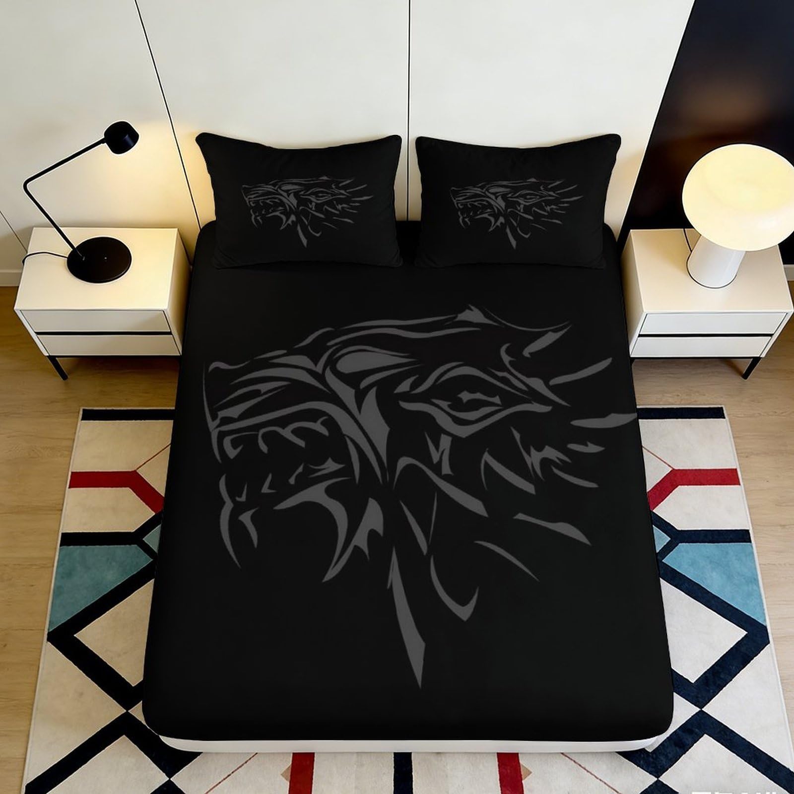 3D Printed Wolf Head Fitted Sheet Microfiber Black Animal Pattern Mattress Cover for Bedroom Dorm Decor 90x200x25cm
