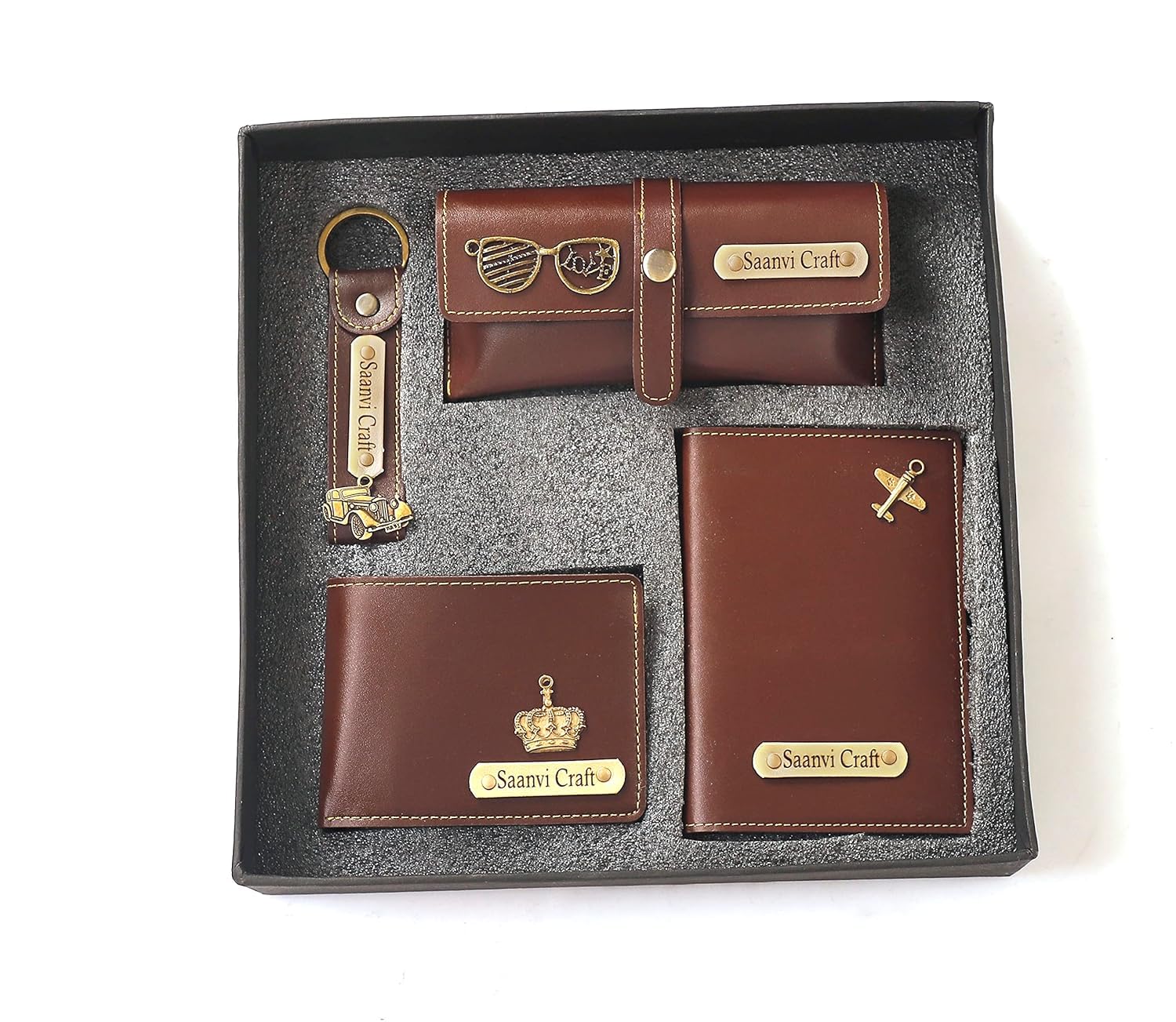 Your Name Customized Leather Unisex Passport Holder, Sunglasses Cover and Men's Wallet with Key Chain, Gifts, Personalized Gifts (Brown)-image-35
