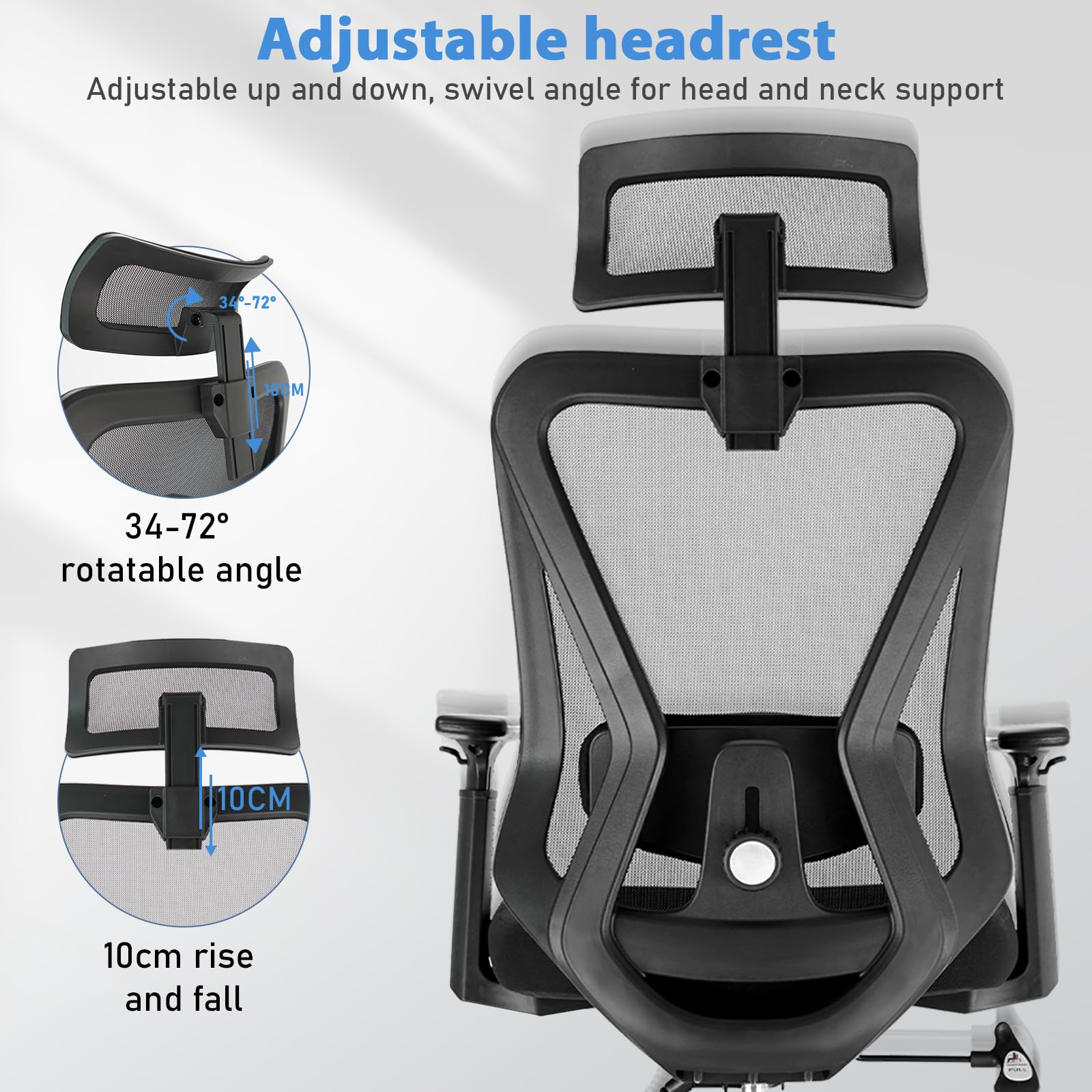 Durrafy Sedia Ufficio Ergonomica, Sedia Scrivania con 2D Poggiatesta, Supporto Lombare Regolabile und Braccioli, 90°-130° Reclinabile Poltrona Ufficio in Rete Traspirante per la Casa, Ufficio e Gaming