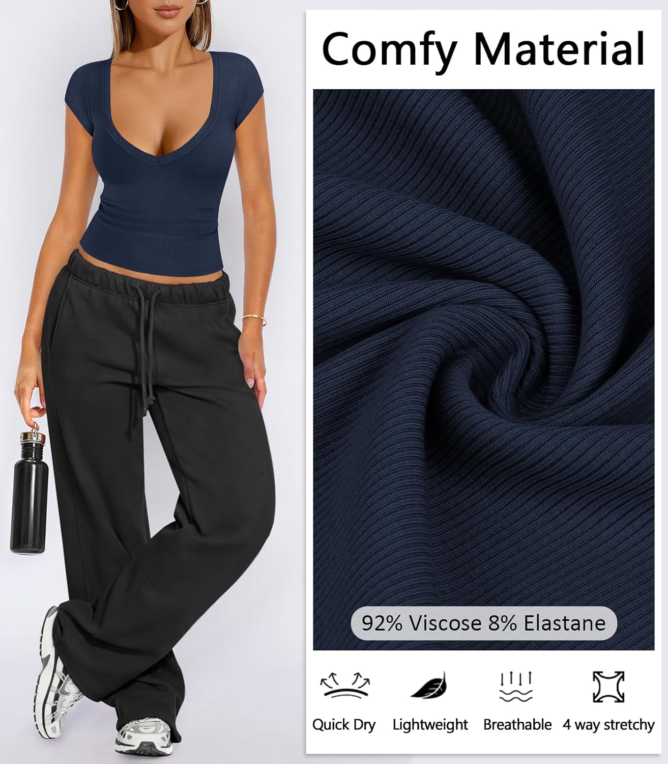 Womens Deep V Neck T Shirts for Women Ribbed Knit Slim Short Cap Sleeve Tee Casual Backless Workout Going Out Tops - Image 5