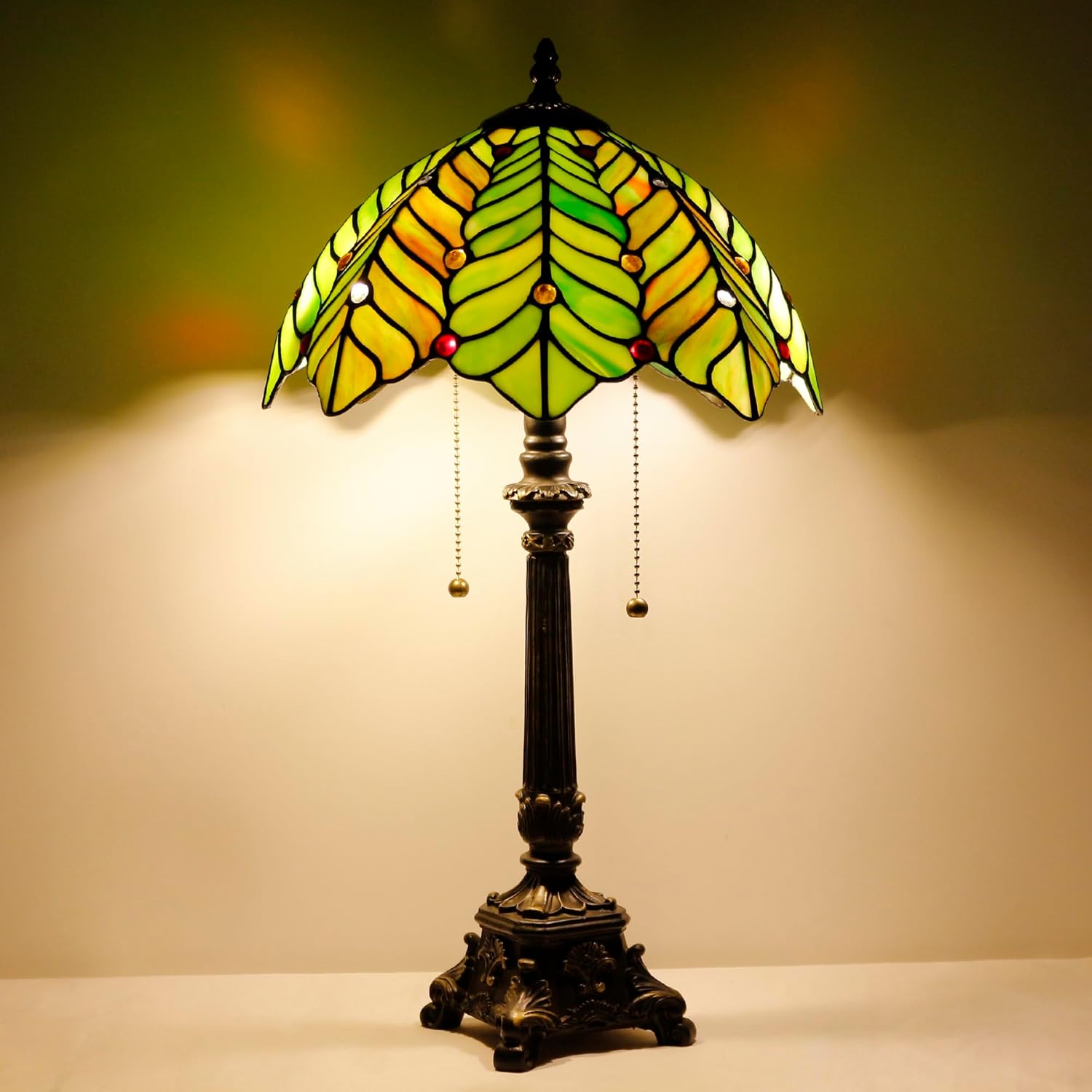 Tiffany Table Lamp Brown Green Leaf Style Stained Glass Desk Lamp 12X12X21 Inches Reading Light