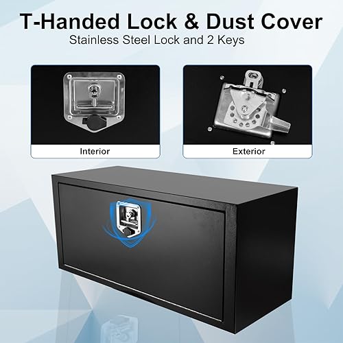 Miniatura 5 de Confote Caja de herramientas de acero negro para camión con cerradura de mango en T, organizador de almacenamiento de camión resistente,
