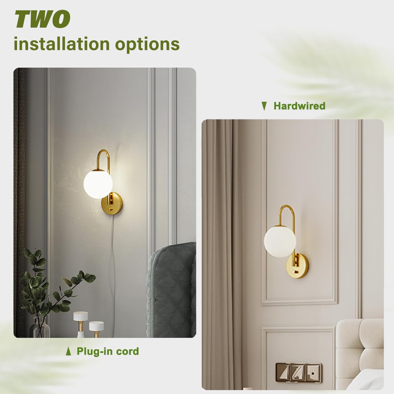 Dimmable E12 Wall Sconces Set of 2,Plug in Wall Sconces with 6.56ft Power Cord,Globe Electric Plug in Wall Sconce,Wall Lights with Milky White Glass Globe Shade(2 Bulbs Included)