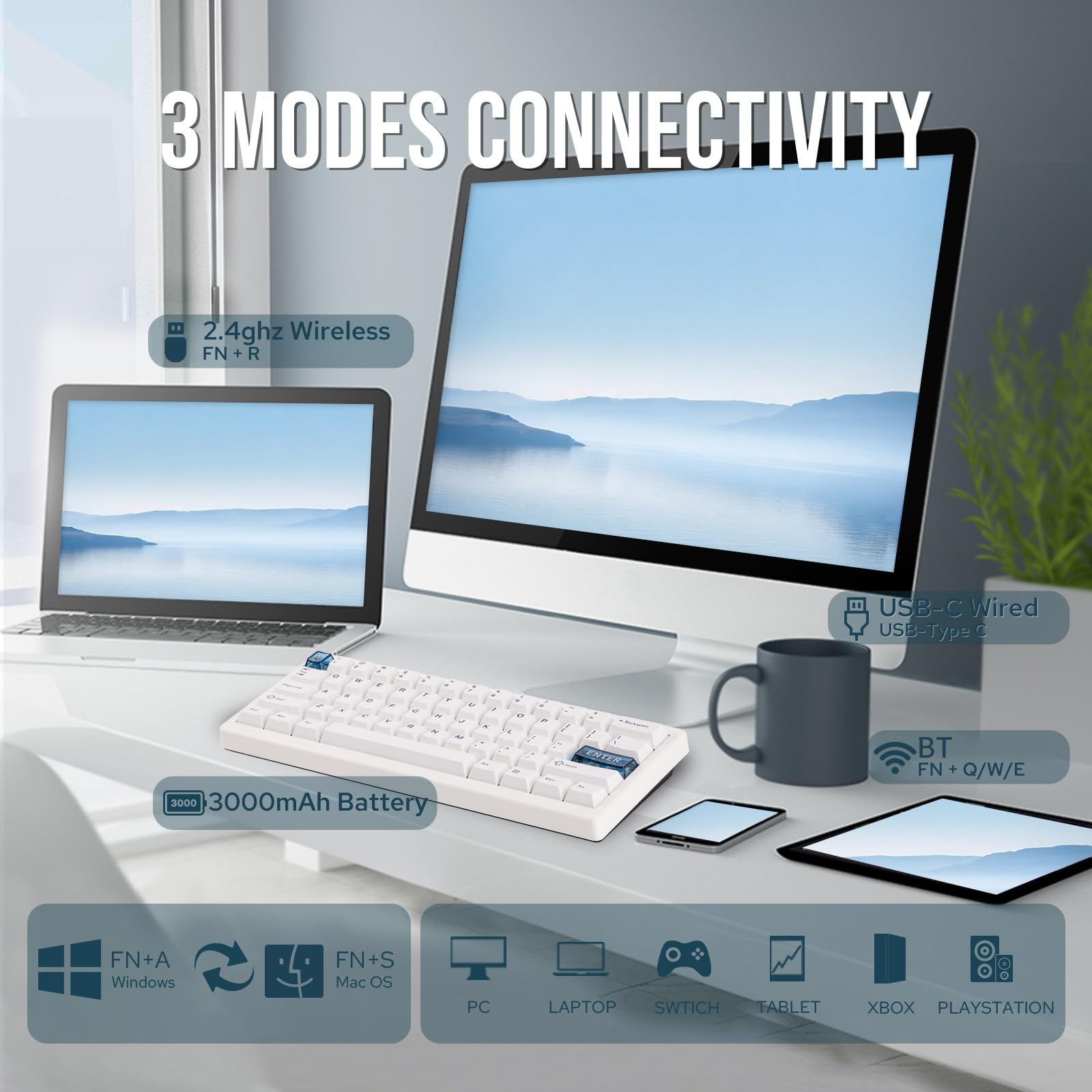 MechLands CIDOO QK61 V2 VIA - Tastiera programmabile al 60%, tastiera da gioco senza fili, tastiera personalizzata, con piastra per PC, RGB, batteria da 3000 mAh per Win/Mac (Bianco)