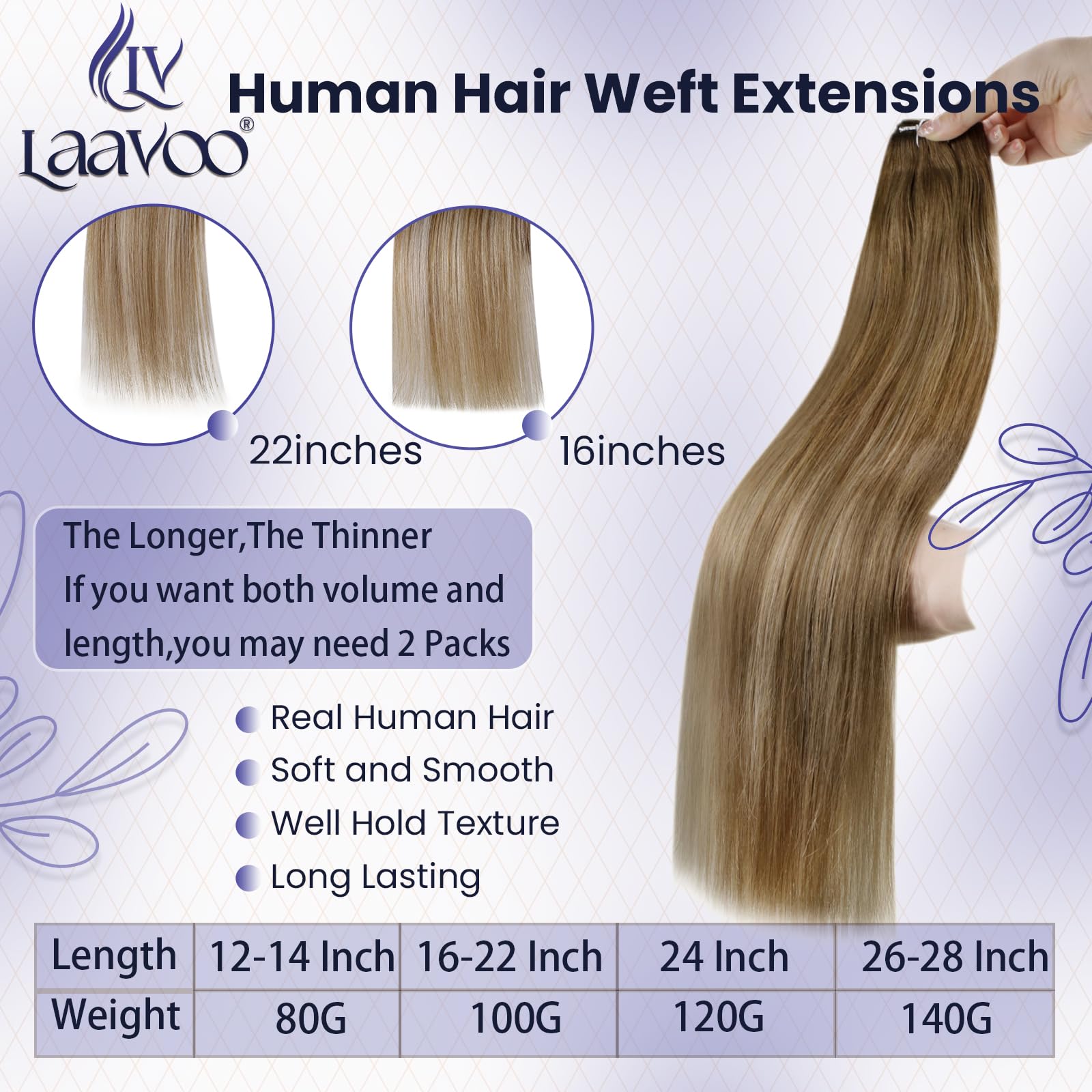 LaaVoo Weft Hair Extensions Real Human Hair 24 Inch 100g Brown Sew in Hair Extensions Full Head Straight Balayage Blonde Remy Invisible Double Weft Weave #8/16/8 - Image 2