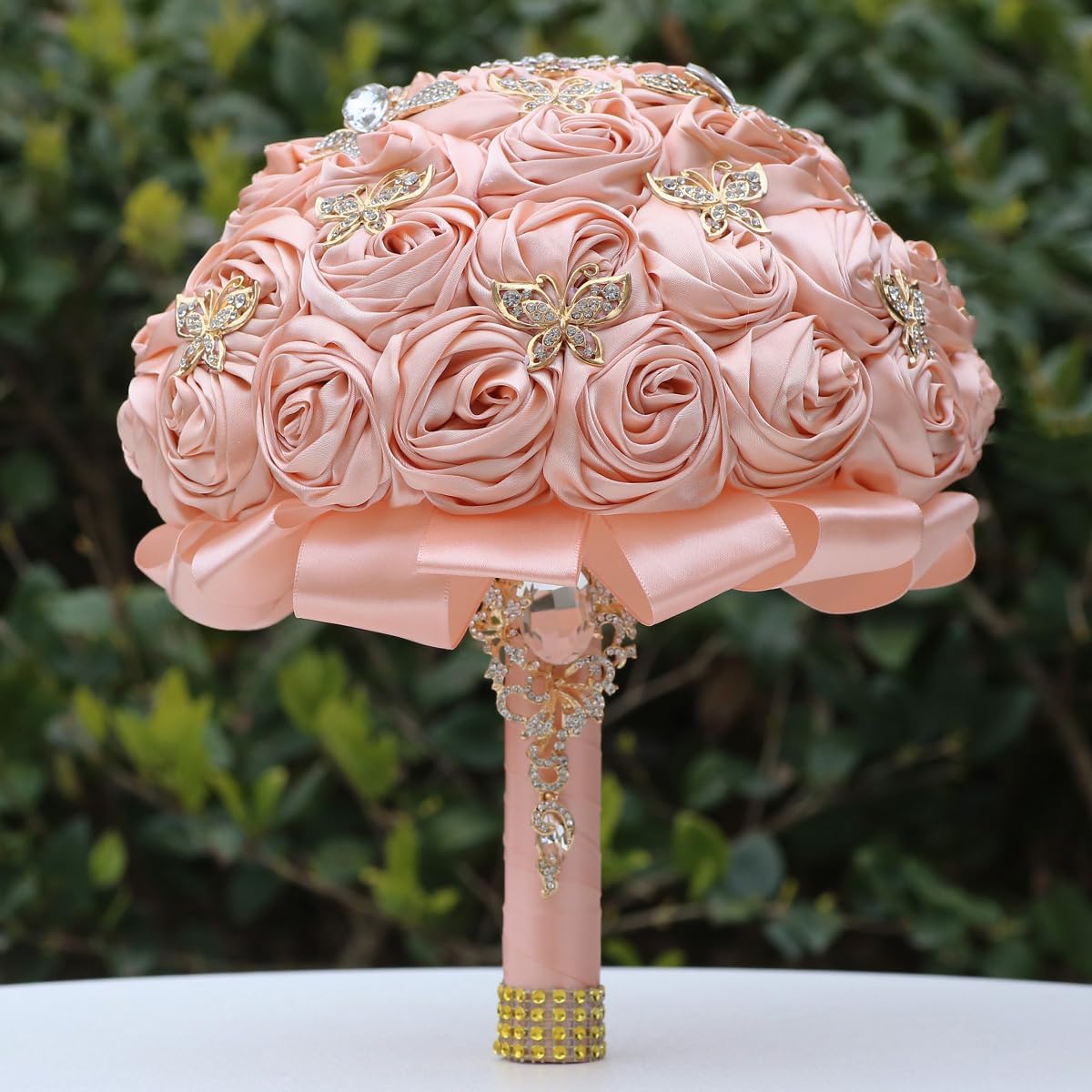 Handmade Floral Satin Rose Butterfly Shape Rhinestone Bridal Bouquet Luxury Golden Rhinestone Artificial Flowers for Wedding