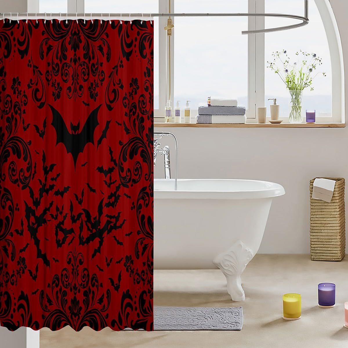Erosebridal Halloween Bat Shower Curtain for Kids Boys 72" Wx78 L,Red Black Gothic Bathroom Curtain for Teen Men Goth Damask Bats Bathroom Accessories Halloween Animal Decor for Shower