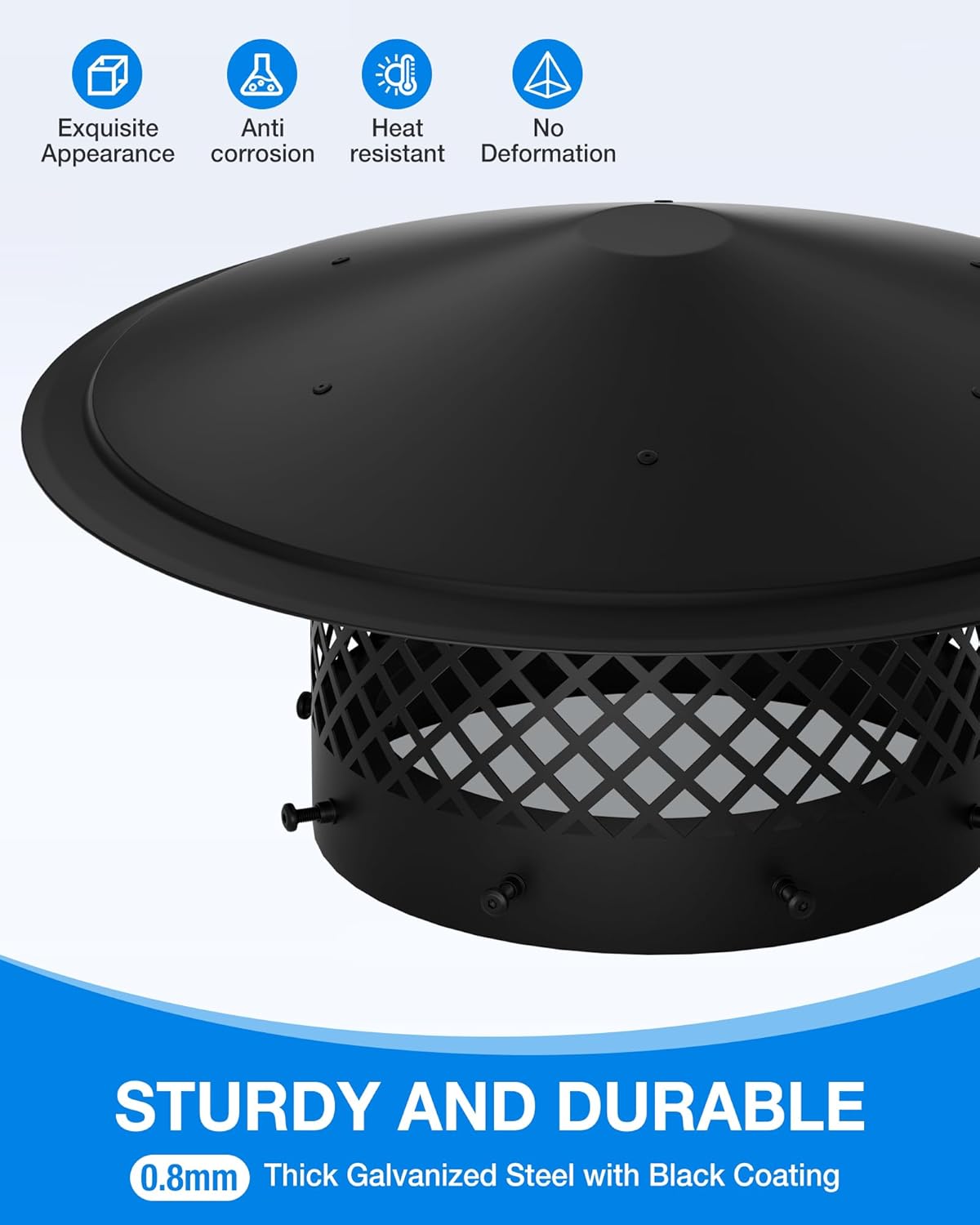 8 Inch Round Chimney Cap Cone Top: All Weather Fireplace Chimney Caps for Outside Black Galvanized Steel - Fully Assembled Roof Vent Cover Rain Caps for Wood Stove Pipe & Outdoor Fireplace