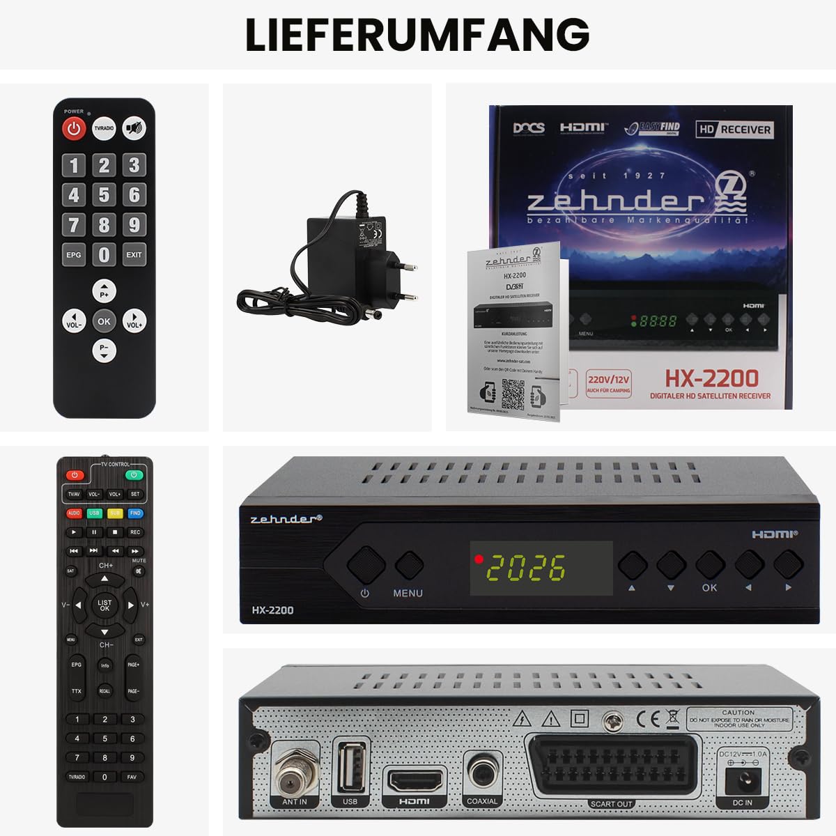 [ Test MOLTO BUONO, Note 1.2 *] Ricevitore satellitare Zehnder HX 2200 + telecomando per anziani, con funzione di registrazione PVR, HD abilitato, Full HD HDMI, Digital TV satellitare, ricevitore