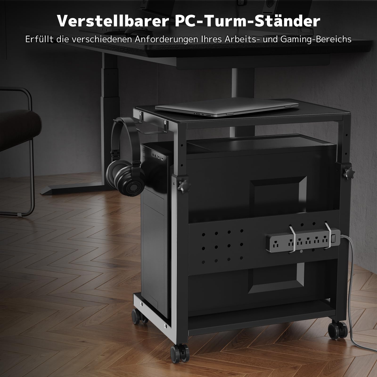 PUTORSEN Höhenverstellbarer PC Tower Ständer mit 2 Ebenen,Computer Tower Ständer mit Rollen und Maus Pad,PC Halterung unter Schreibtisch,ATX-Gehäuse bis 40kg/Ebene,Druckerständer für Heimbüro,Schwarz