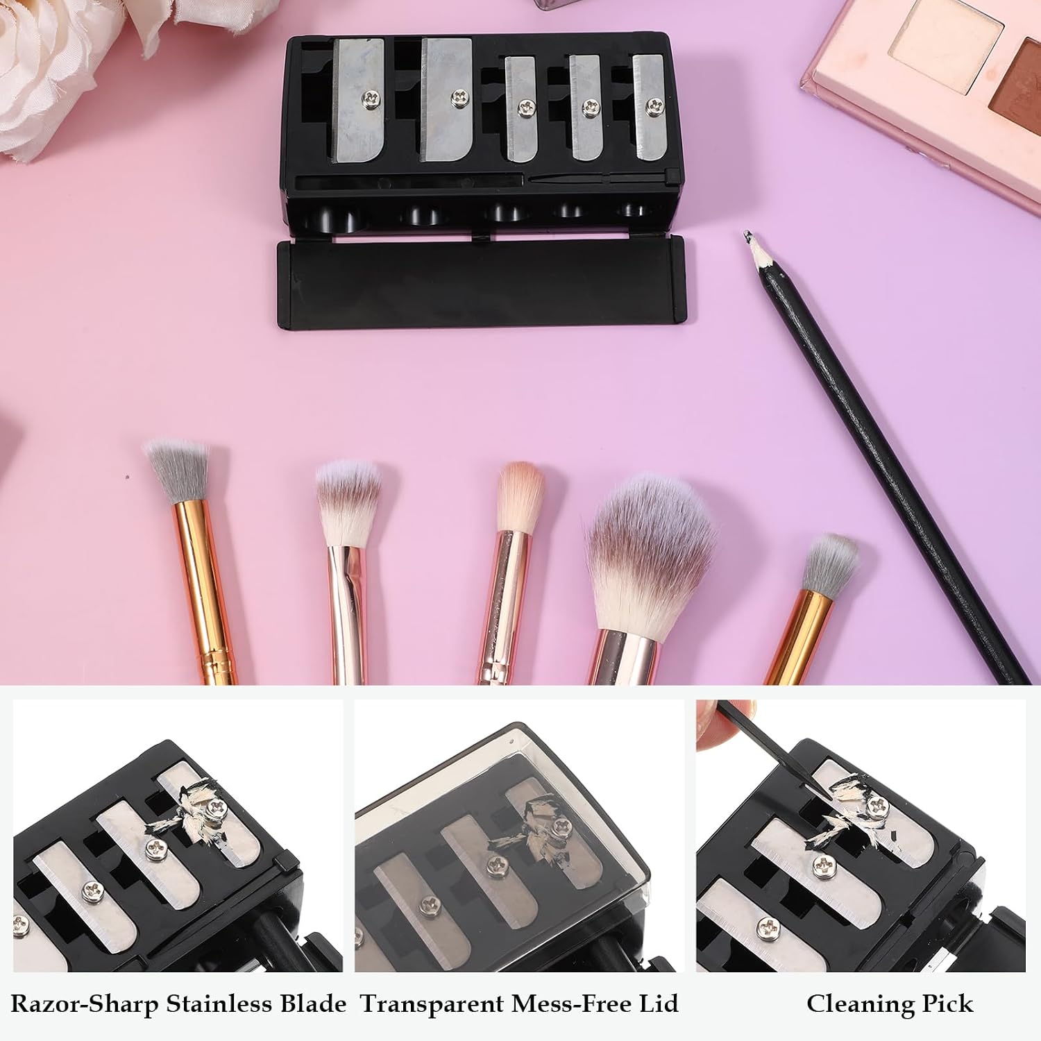 JJUNW 2 Pcs Eye Pencil Sharpener for Women, 5 Hole Cosmetic Long Point Pencil Sharpener, Makeup Pencils Sharpeners with Plastic Lid for Eyeliner Eyebrow Lip Liner Pencils(Black)
