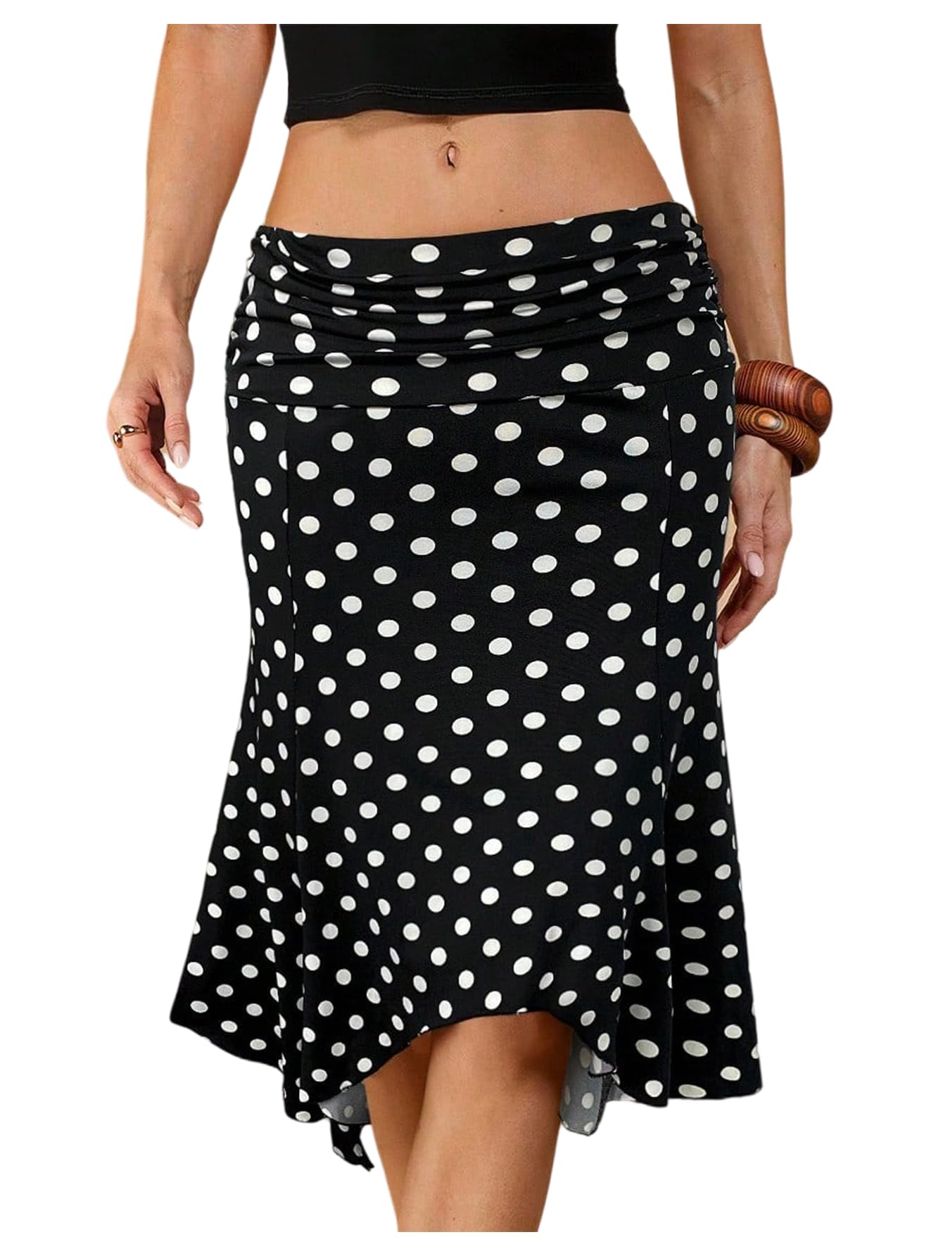 Verdusa Womens Polka Dots Ruffle Fishtail Skirt Elegant Ruched Knee Length Skirts