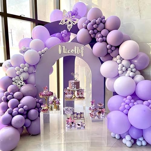 Miniatura 8 de MOMOSHERO Kit de guirnalda de arco de globos de mariposa, globos de color morado metálico pastel claro con mariposa de aluminio lila lavanda para