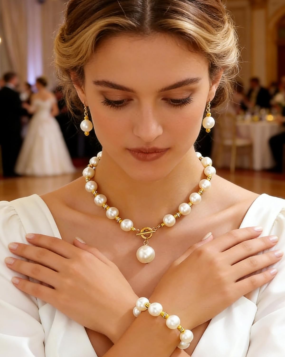 Gold Pearl Jewelry Set for Women Sparkly Rhinestone Necklace Trendy Cuff Bracelet Elegant Pearl Stud Earrings Bridal Wedding Jewelry Accessories for Bridal - Image 4