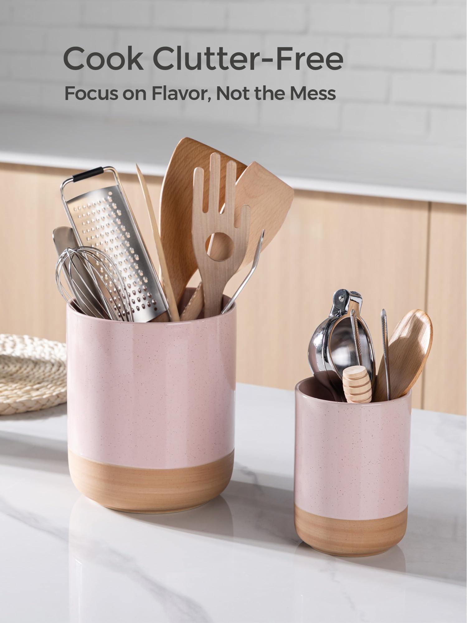 AmorArc Ceramic Utensil Holder Set Of 2 - Rustic Farmhouse Countertop Organizer For Kitchen Tools
