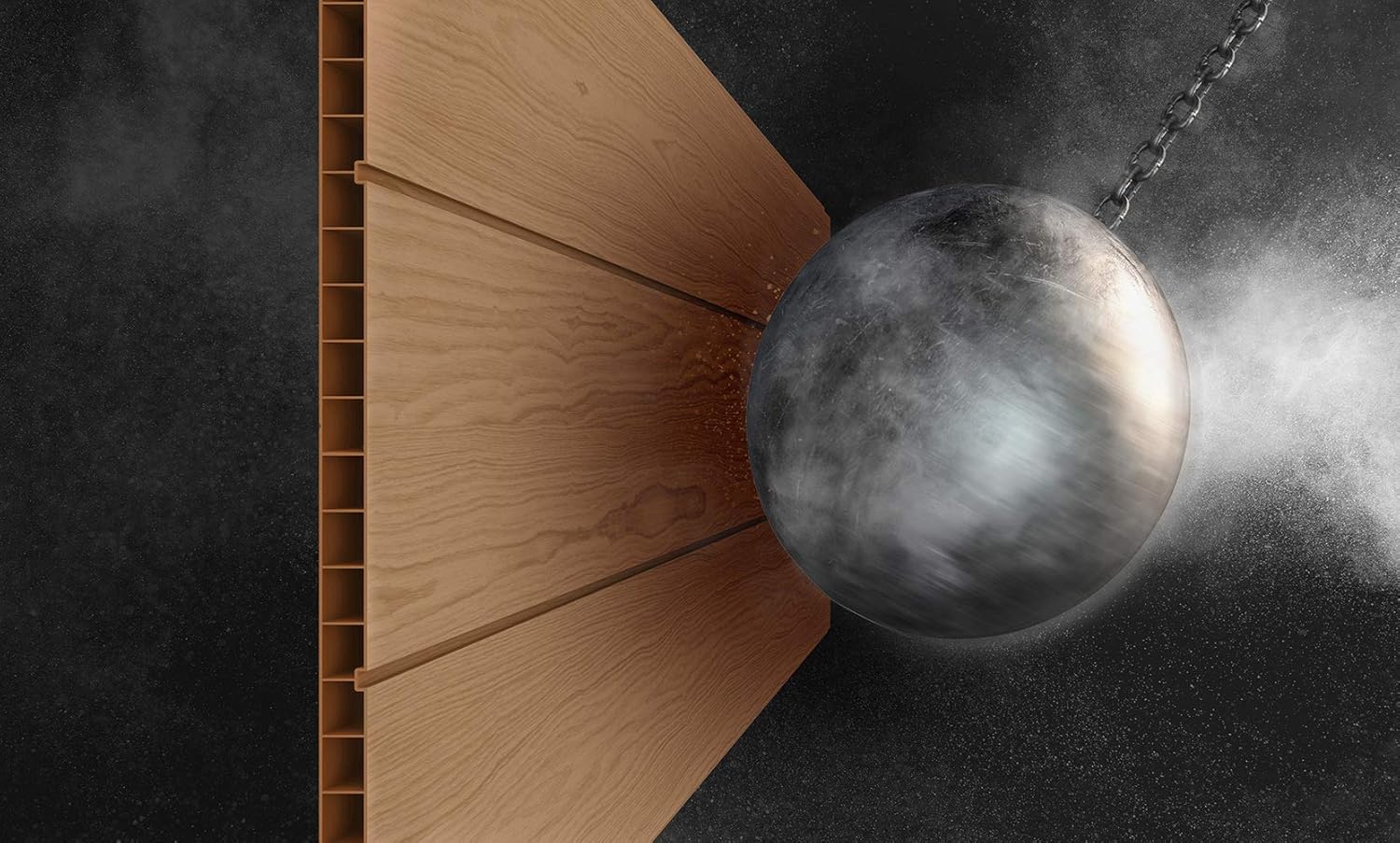 Imatge que mostra una bola de demolició colpejant la paret del cobert de Keter Newton