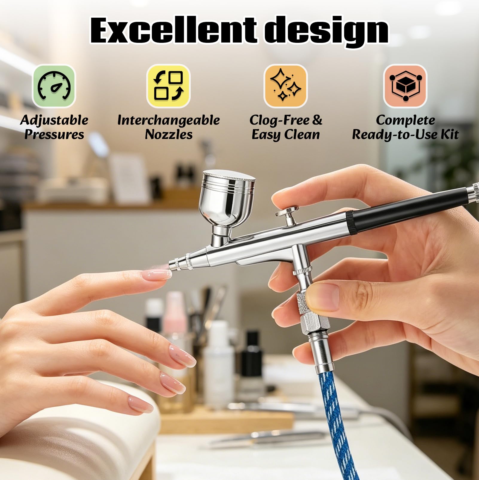 Kit Aerografo con Compressore Portatile, 3 Livelli di Pressione (28-48 PSI) & 3 Ugelli (0,2/0,3/0,5 mm) – Aerografo a Doppia Azione 12W per Modellismo, Trucco, Nail Art e Decorazione Torte