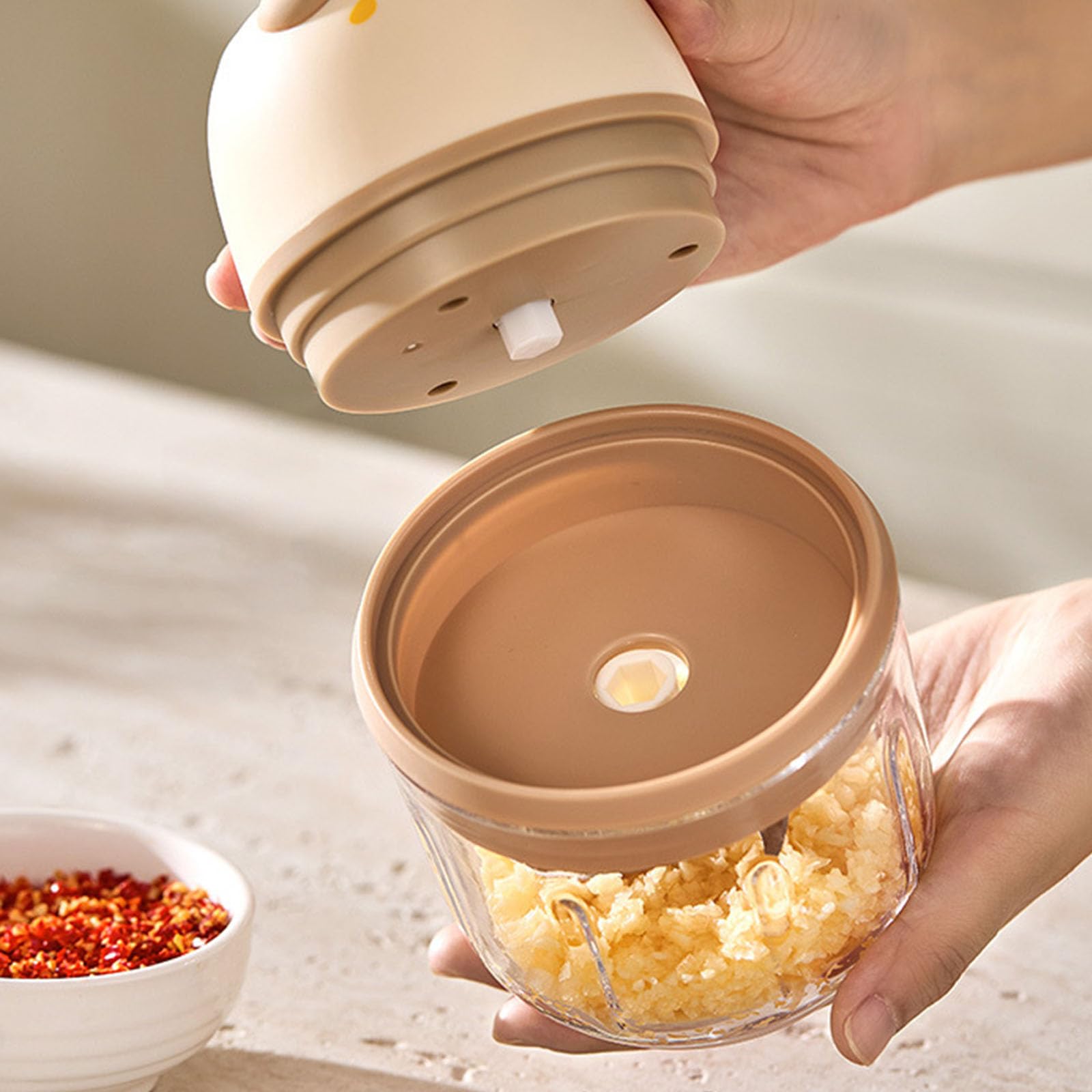 Procesador de alimentos portátil de 350 ml, 3 recipientes de vidrio inoxidables recargables para condimentos de ajo, molino eléctrico de plantas