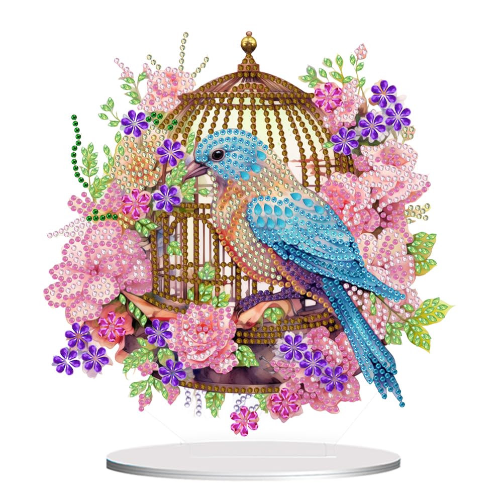 Fiorky Round+Special Shape Diamond Painting Tabletop Ornaments Kit Acrylic Diamond Painting Desktop Ornaments Kit Flowers Bird Cage 5D DIY Diamond Art Tabletop Decorations for Office Decor
